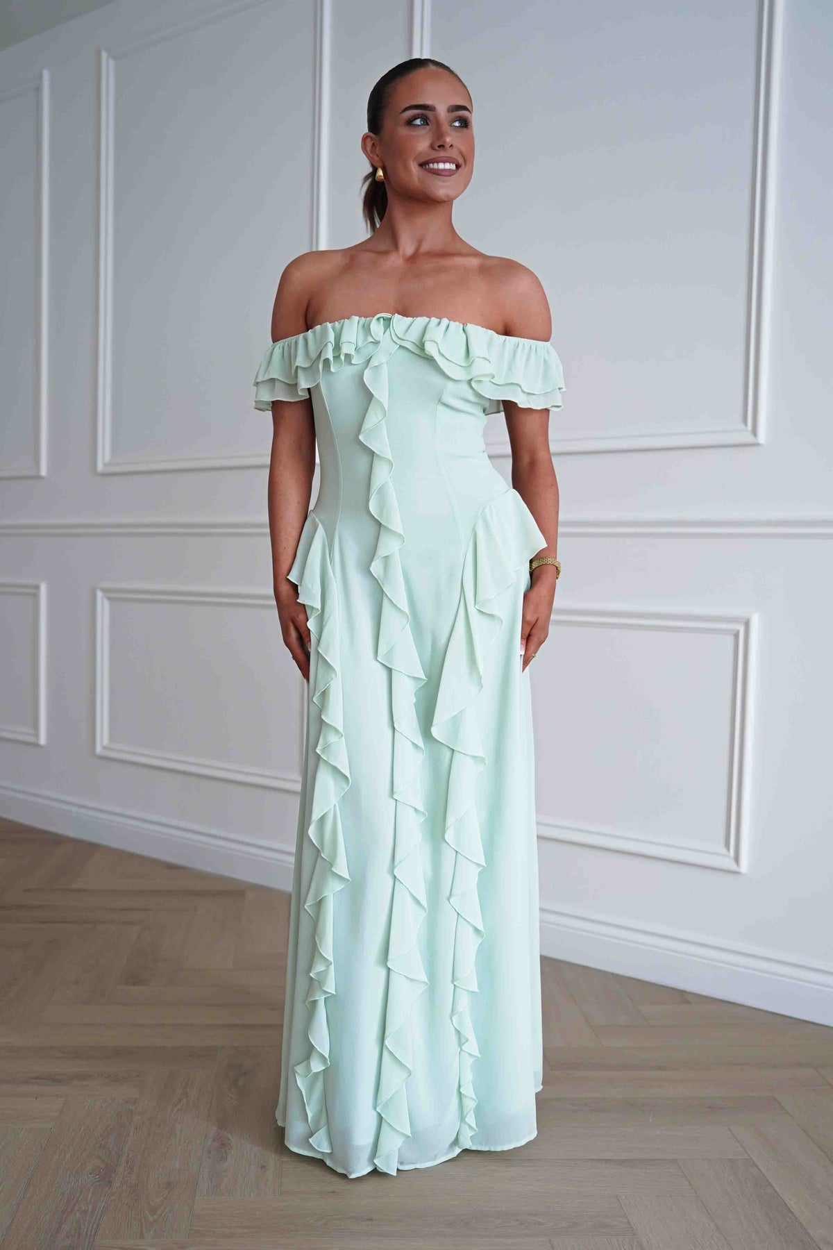 Billy Ruffle Detail Bardot Maxi Dress | Sage Green-Oh Hello Clothing