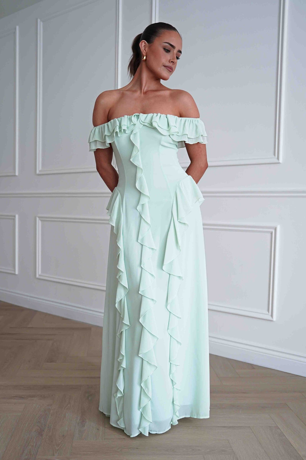 Billy Ruffle Detail Bardot Maxi Dress | Sage Green-Oh Hello Clothing