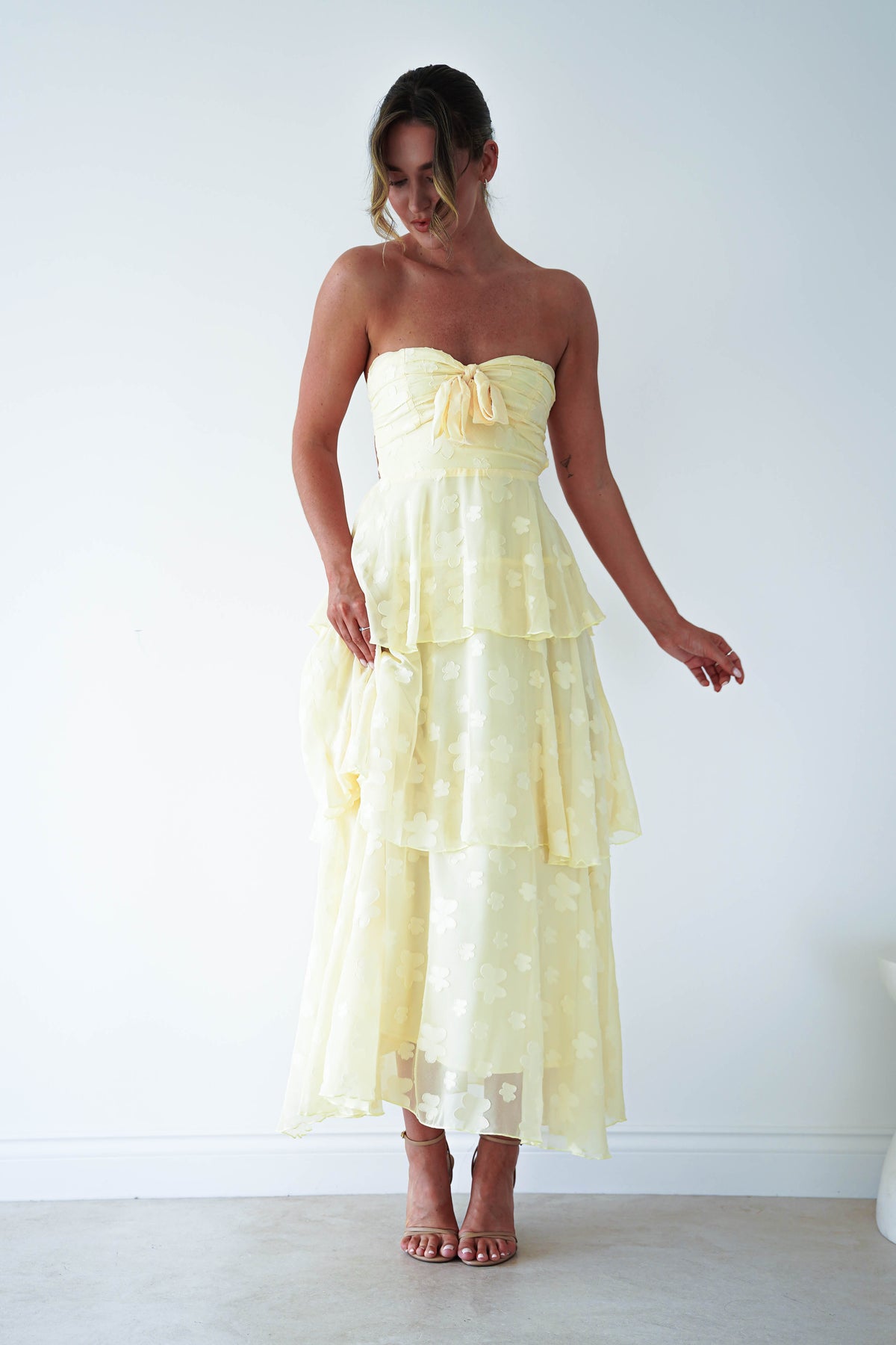 Brailey Strapless Floral Embossed Maxi Dress | Yellow-Oh Hello Clothing