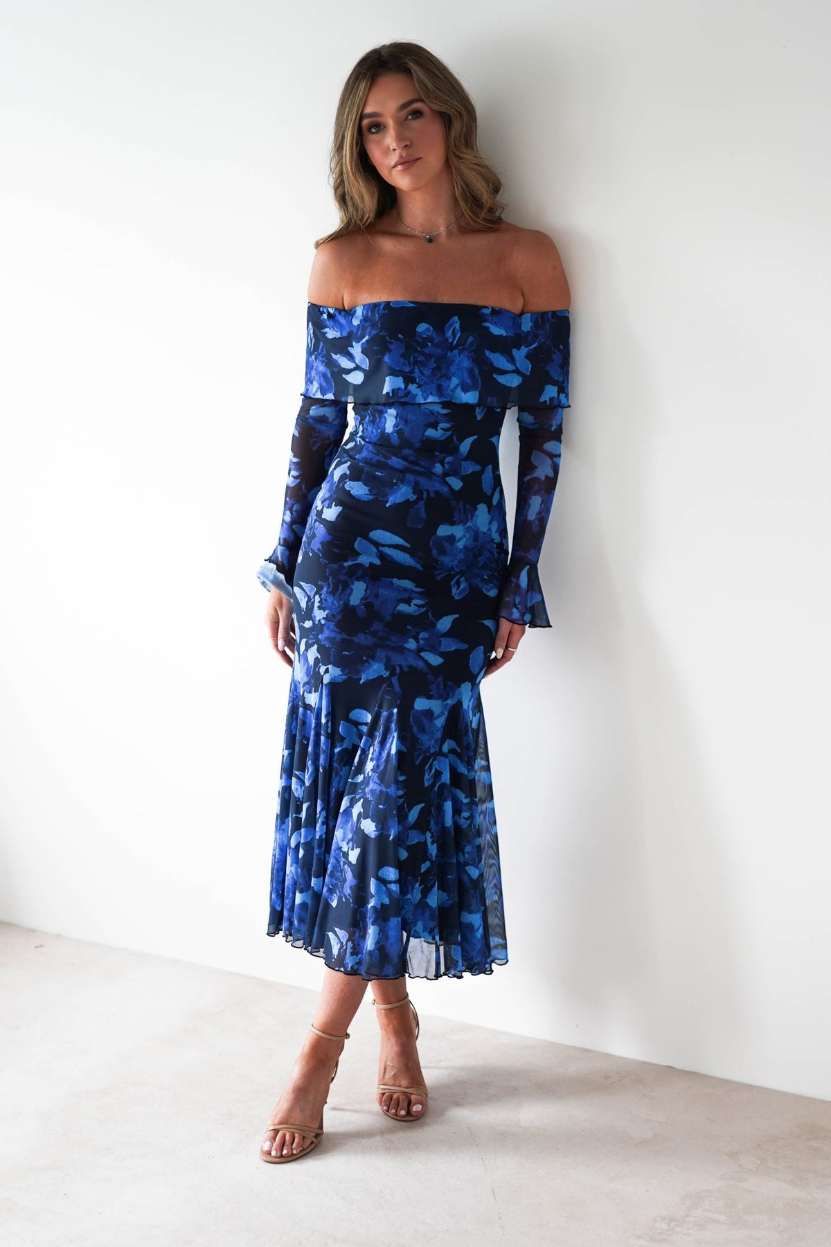 Bryanna Long Sleeve Mesh Maxi Dress | Blue Floral-Oh Hello Clothing