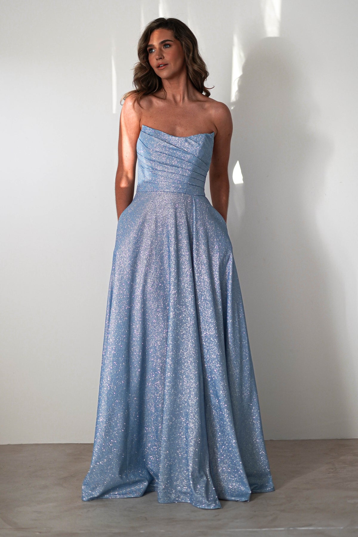 Cassia Strapless Glitter Aline Gown | Blue-Oh Hello Clothing