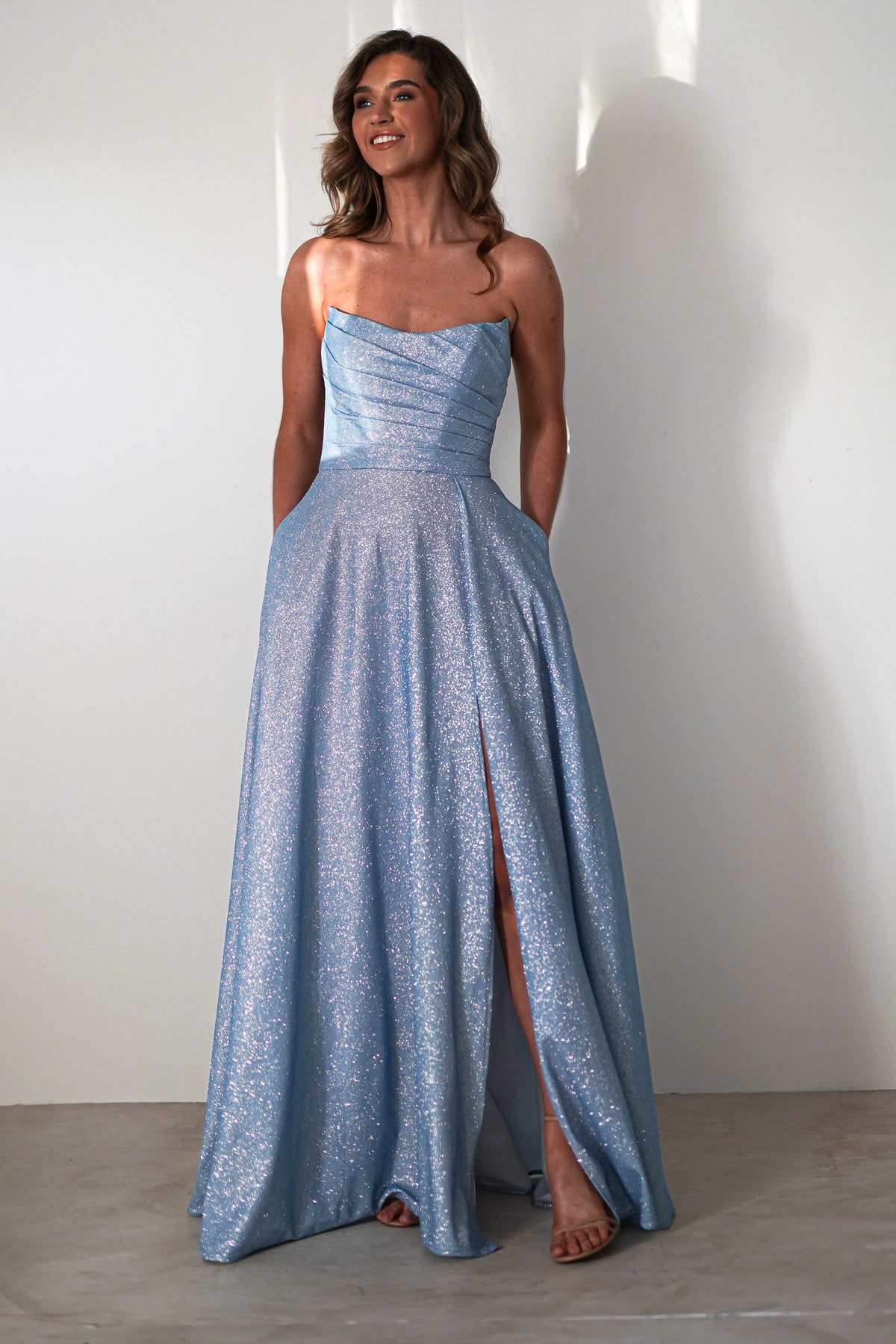 Cassia Strapless Glitter Aline Gown | Blue-Oh Hello Clothing