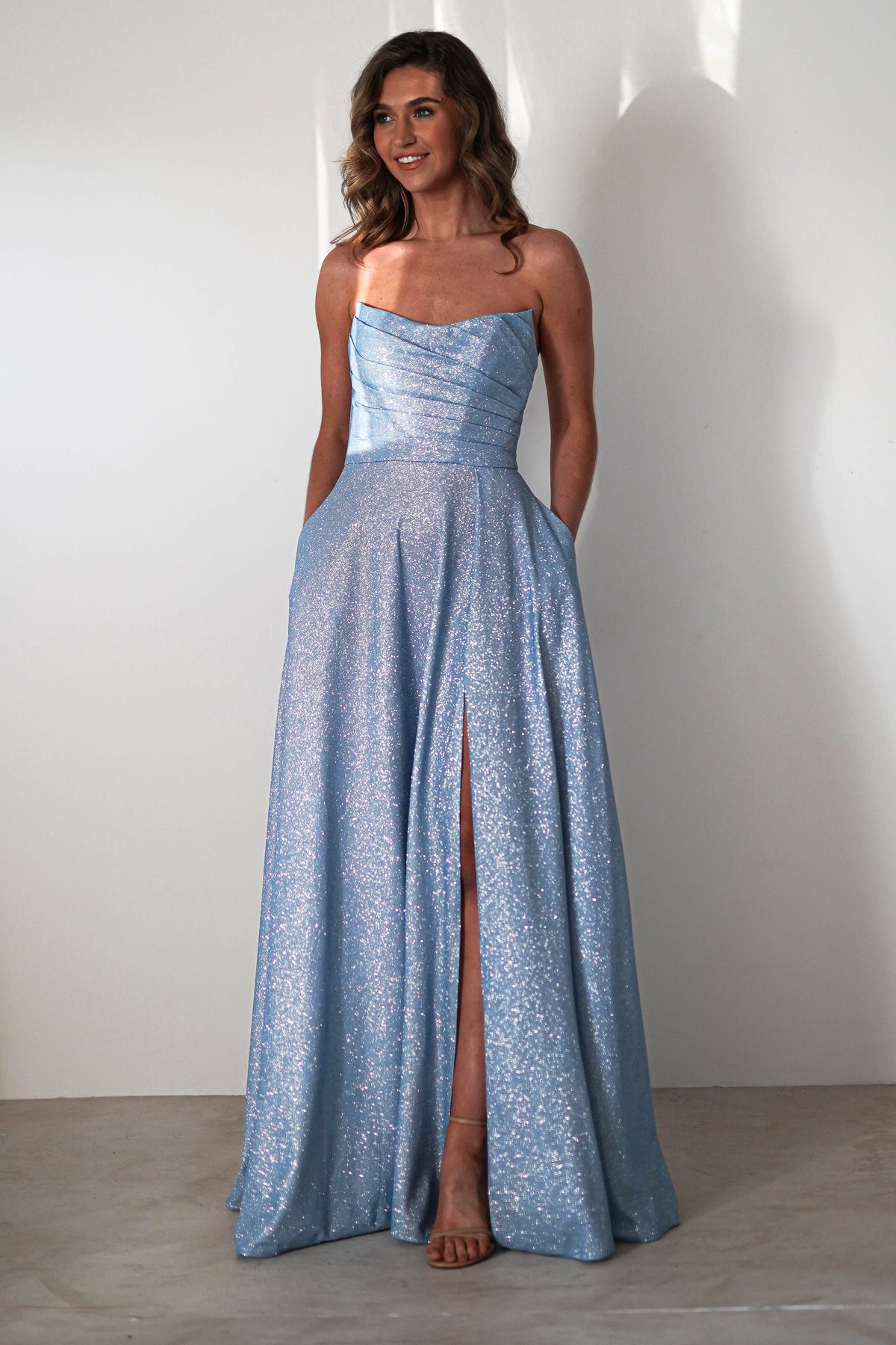 Cassia Strapless Glitter Aline Gown | Blue-Oh Hello Clothing
