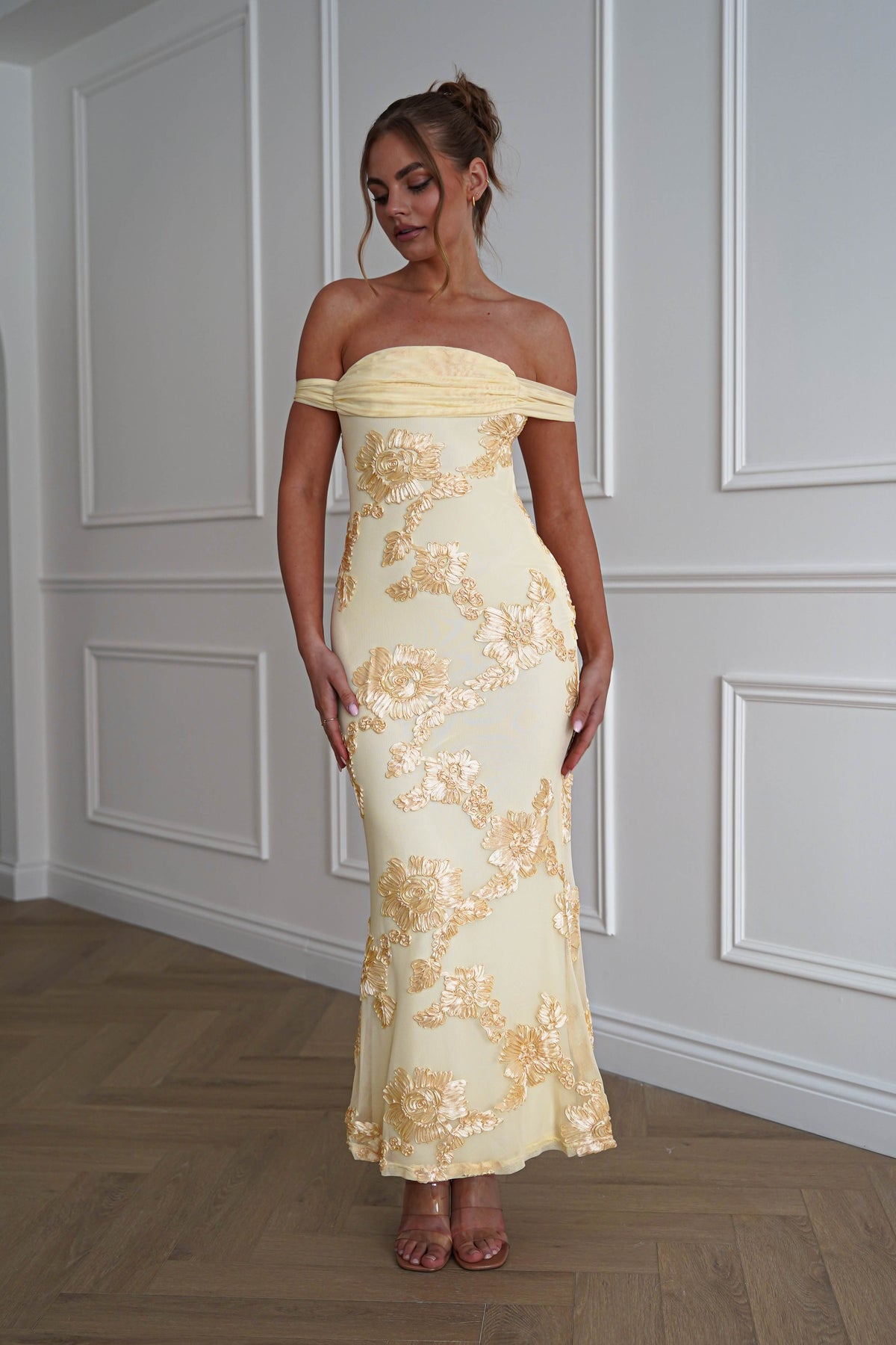 Cassidi Floral Appliqué Mini Dress | Yellow-Oh Hello Clothing