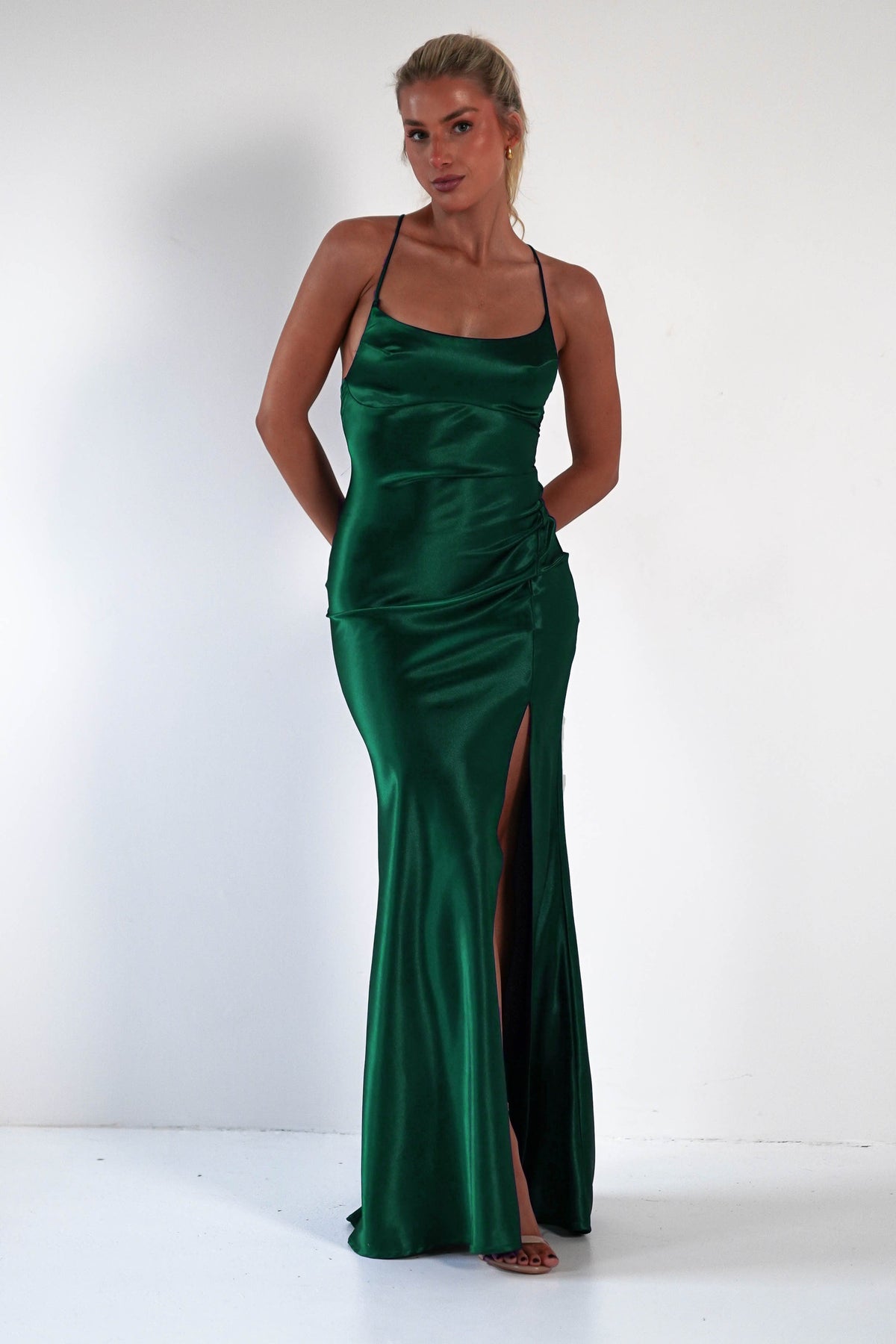 Celinee Satin Maxi Gown | Emerald Green-Oh Hello Clothing