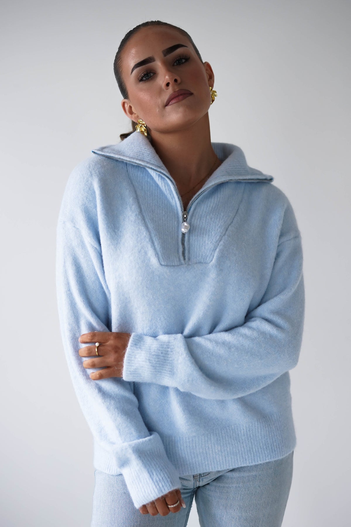 Chaney Half Pink Zip Jumper | Blue-Oh Hello Clothing