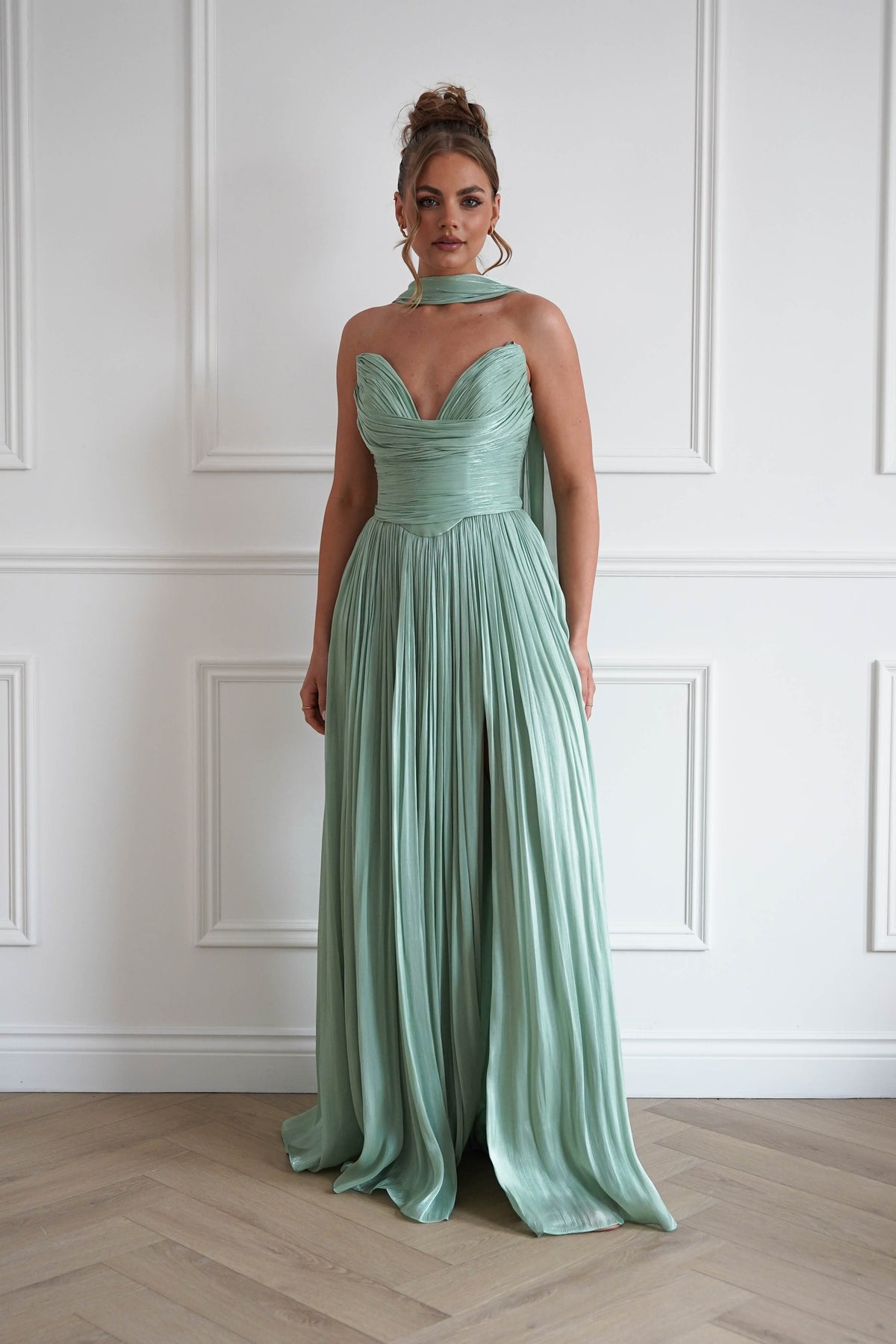 Charla Pleated Luminescent Maxi Gown | Sage-Oh Hello Clothing