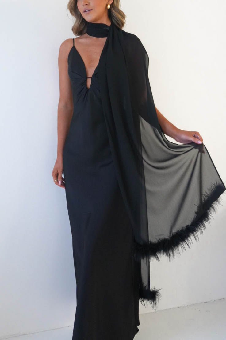 Chelle Chiffon Wrap Shawl With Feather Trim | Black-Oh Hello Clothing