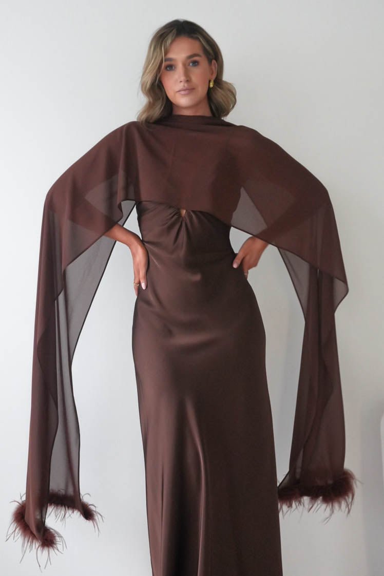 Chelle Chiffon Wrap Shawl With Feather Trim | Brown-Oh Hello Clothing