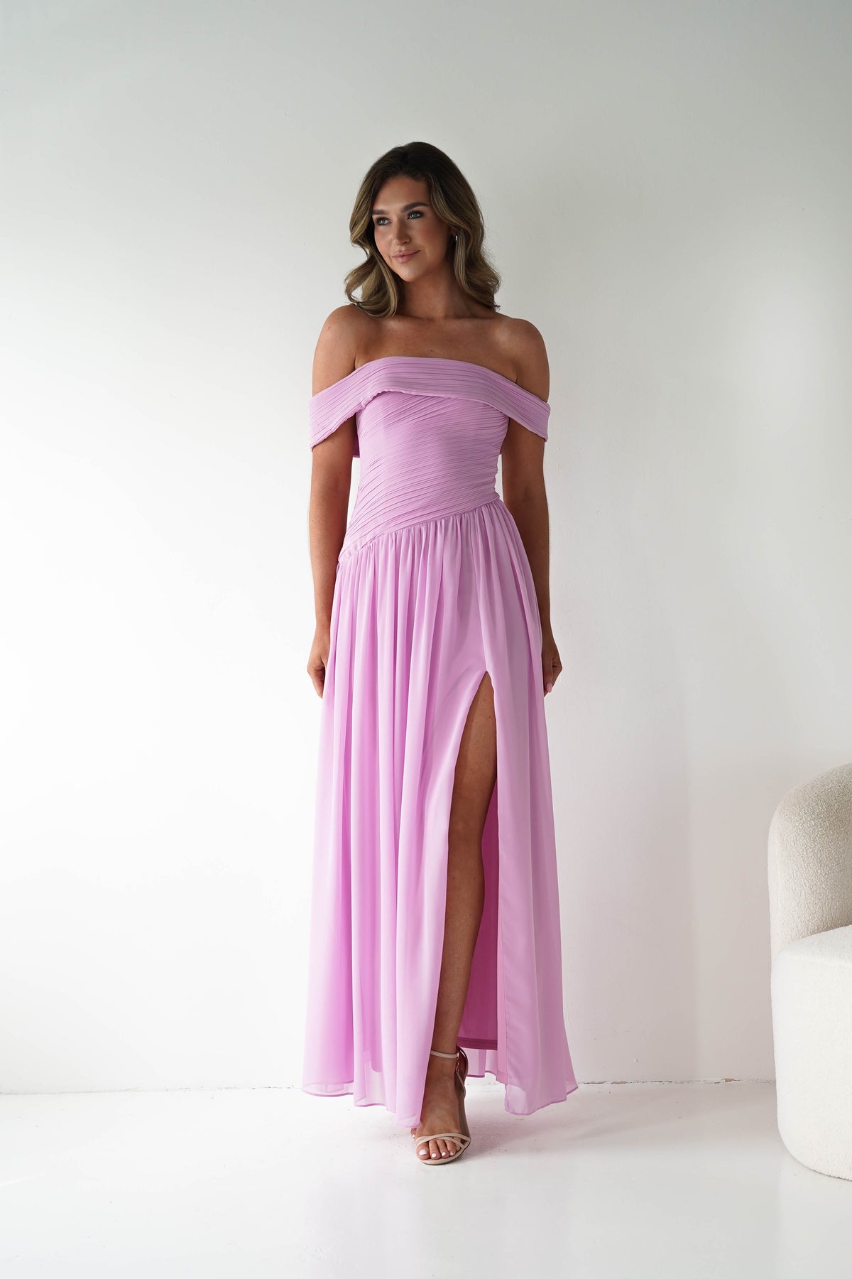 Connie Off The Shoulder Chiffon Maxi Dress | Pink-Oh Hello Clothing