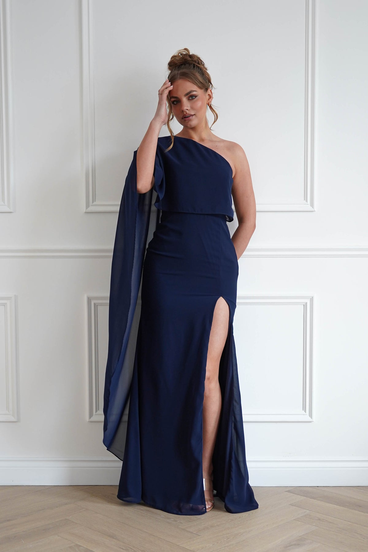 Criselda One Shoulder Chiffon Maxi Dress | Navy-Oh Hello Clothing