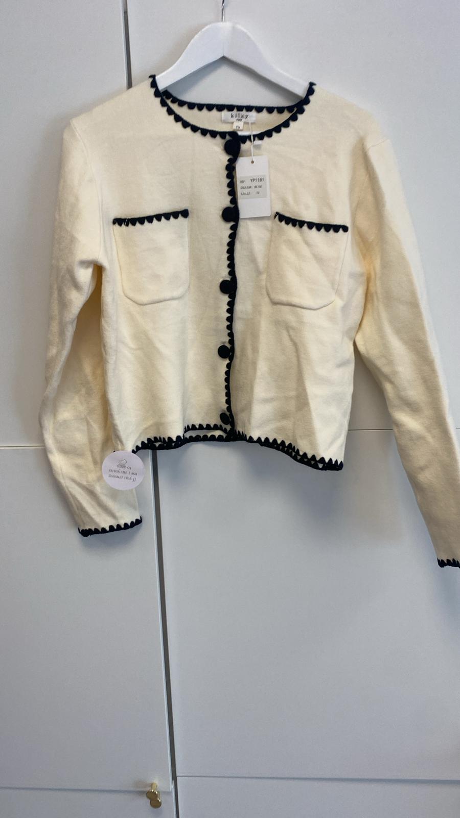 * DONE - YP1181 THICK QUALITY CREAM CARDI WITH BLACK FRILLS | Cream *** KILKY-Oh Hello Clothing