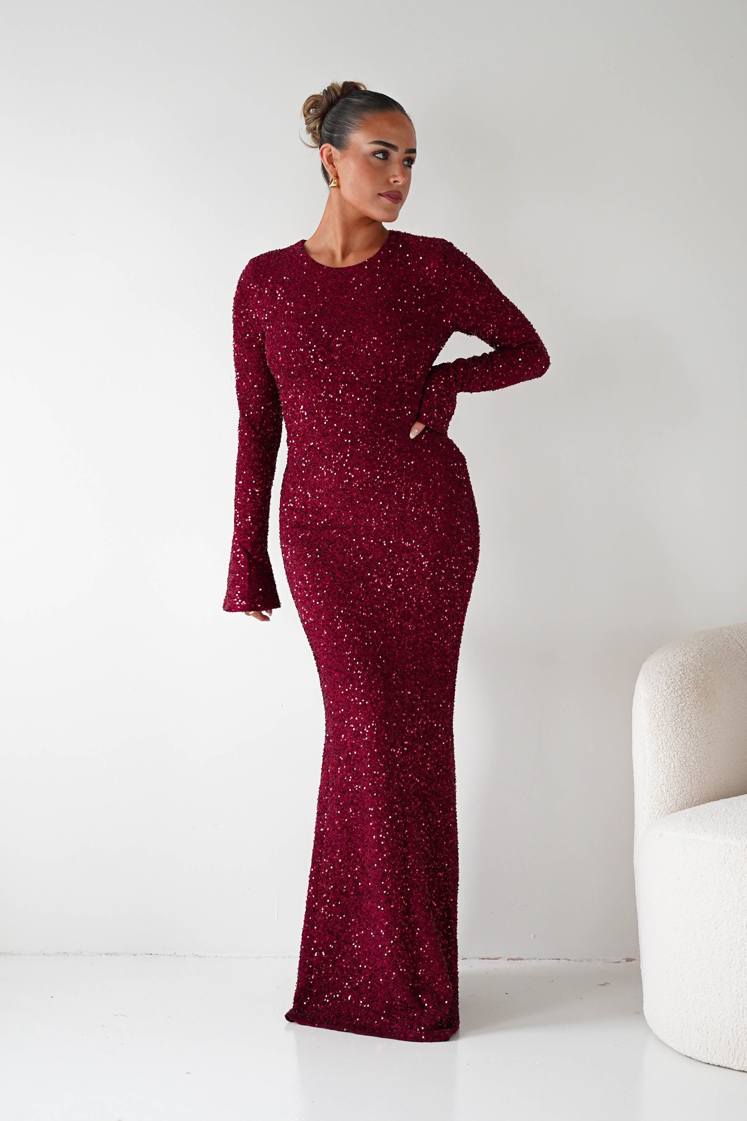 Bertina Long Sleeve Sequin Maxi Gown | Burgundy