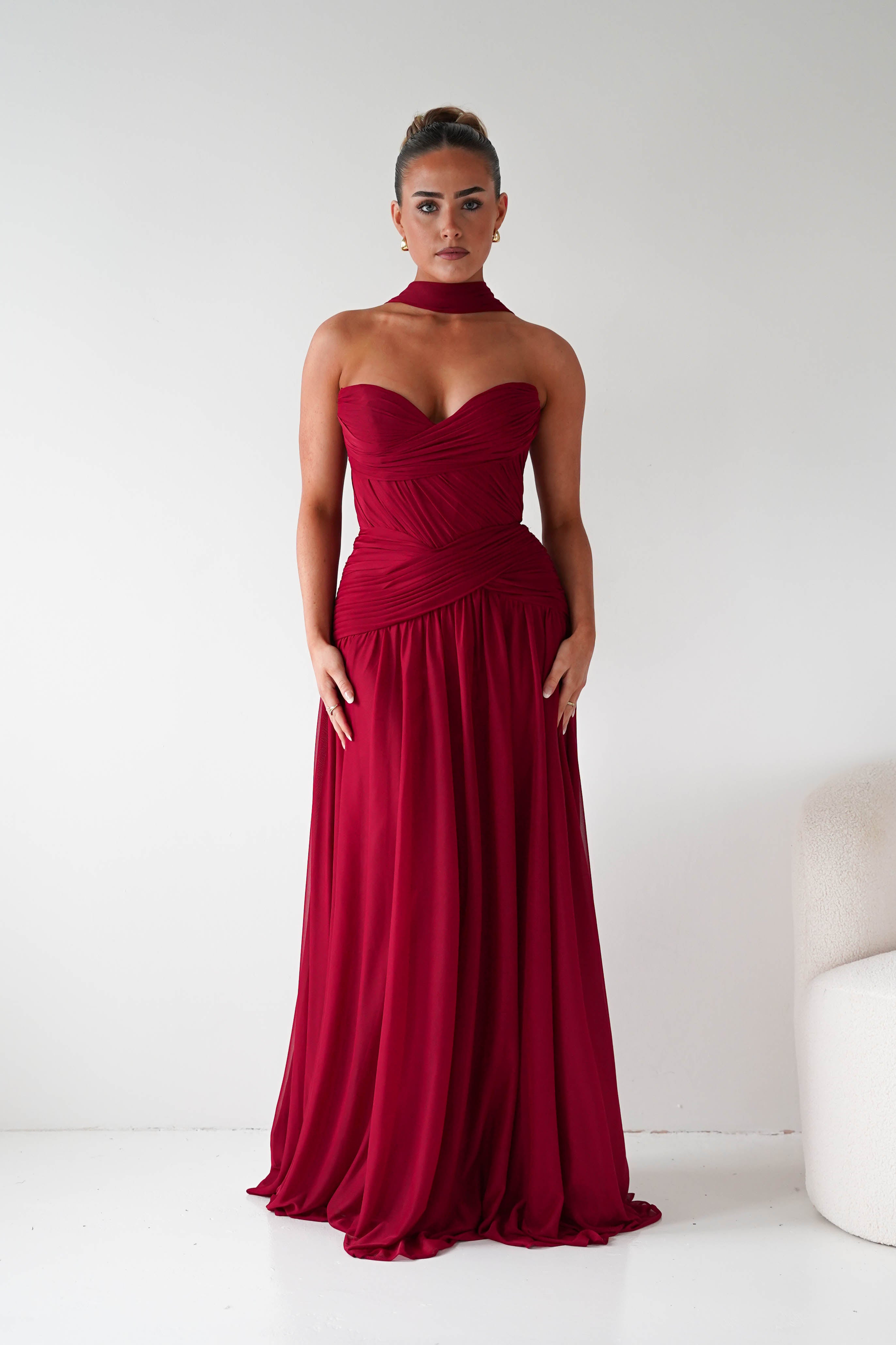 Nicolette Strapless Chiffon Maxi Gown | Dark Red