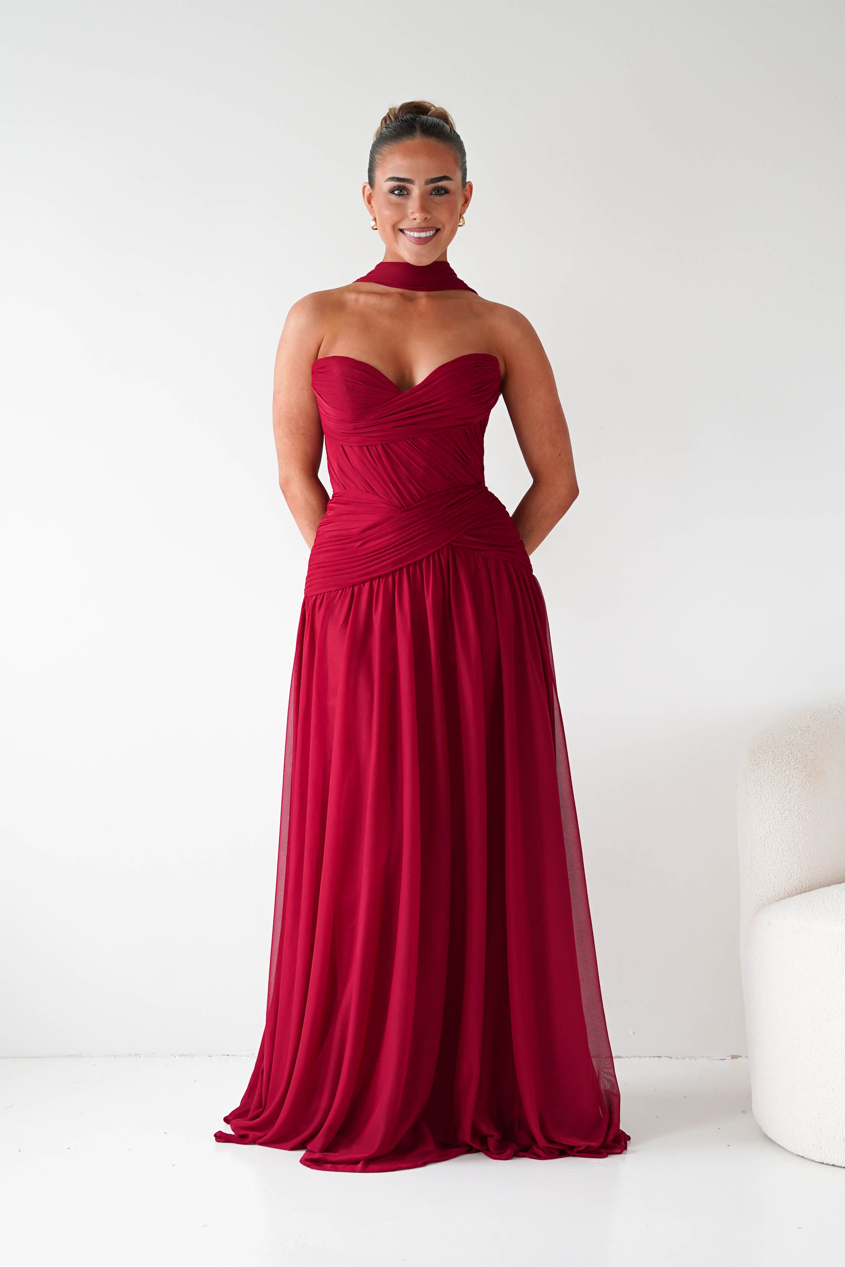 Nicolette Strapless Chiffon Maxi Gown | Dark Red