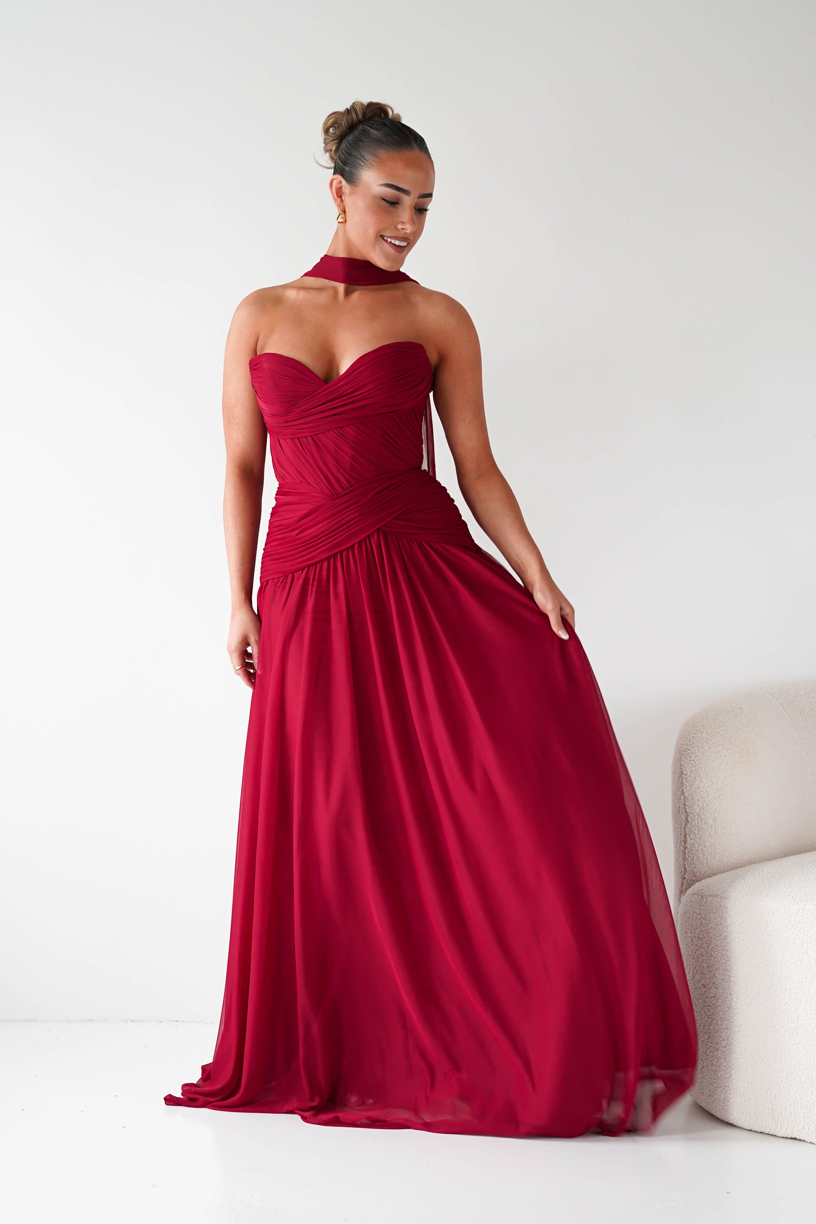 Nicolette Strapless Chiffon Maxi Gown | Dark Red