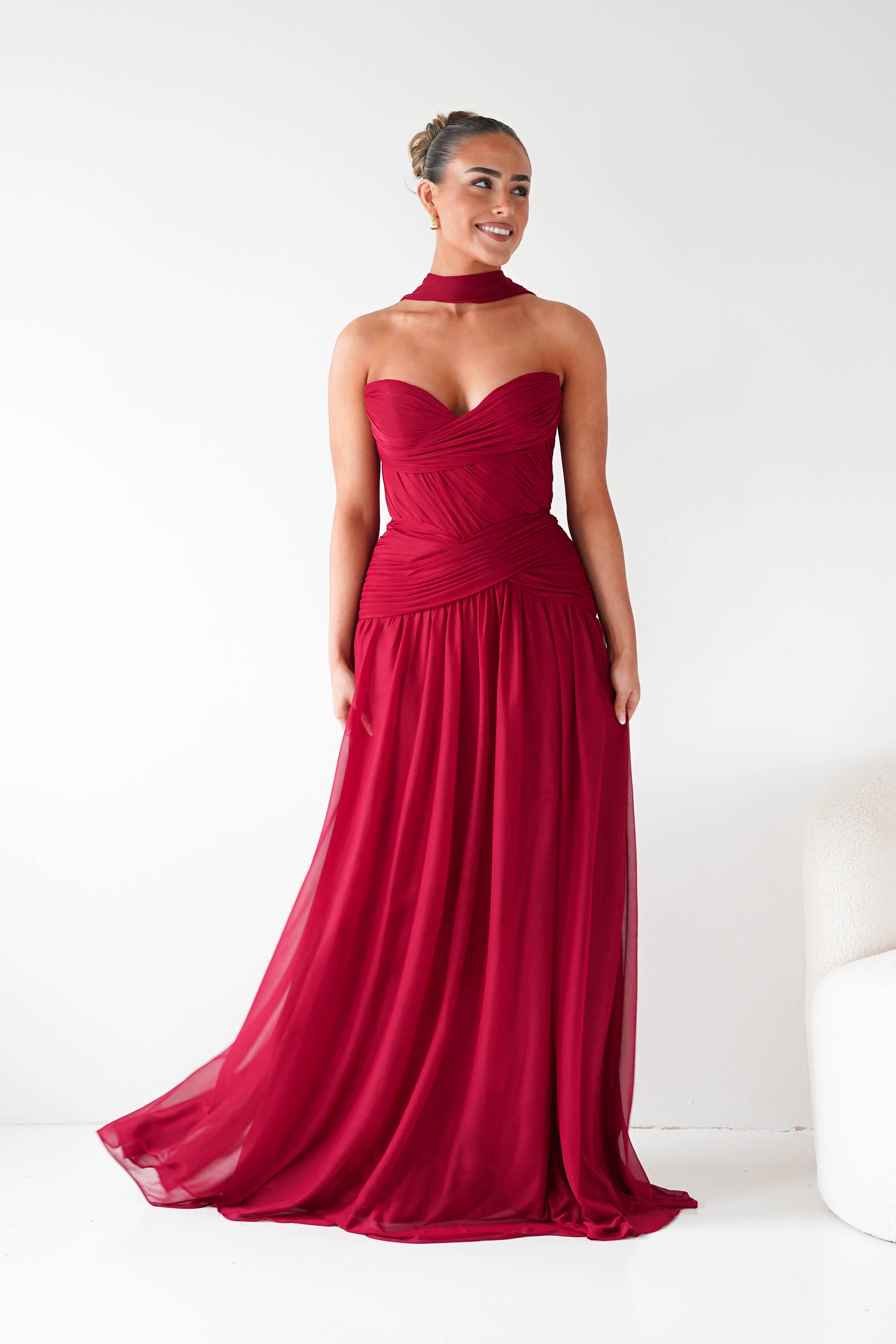 Nicolette Strapless Chiffon Maxi Gown | Dark Red