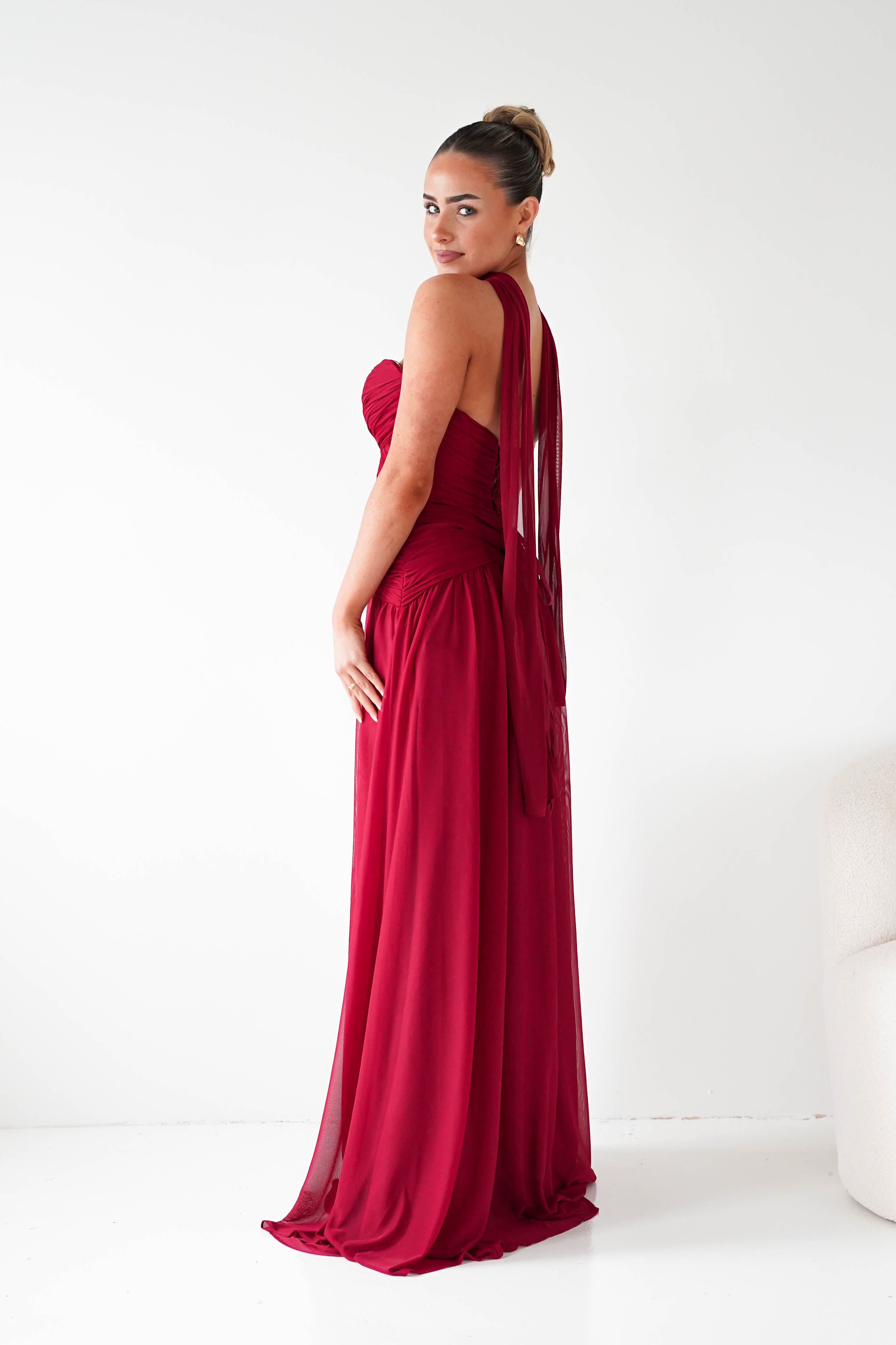 Nicolette Strapless Chiffon Maxi Gown | Dark Red