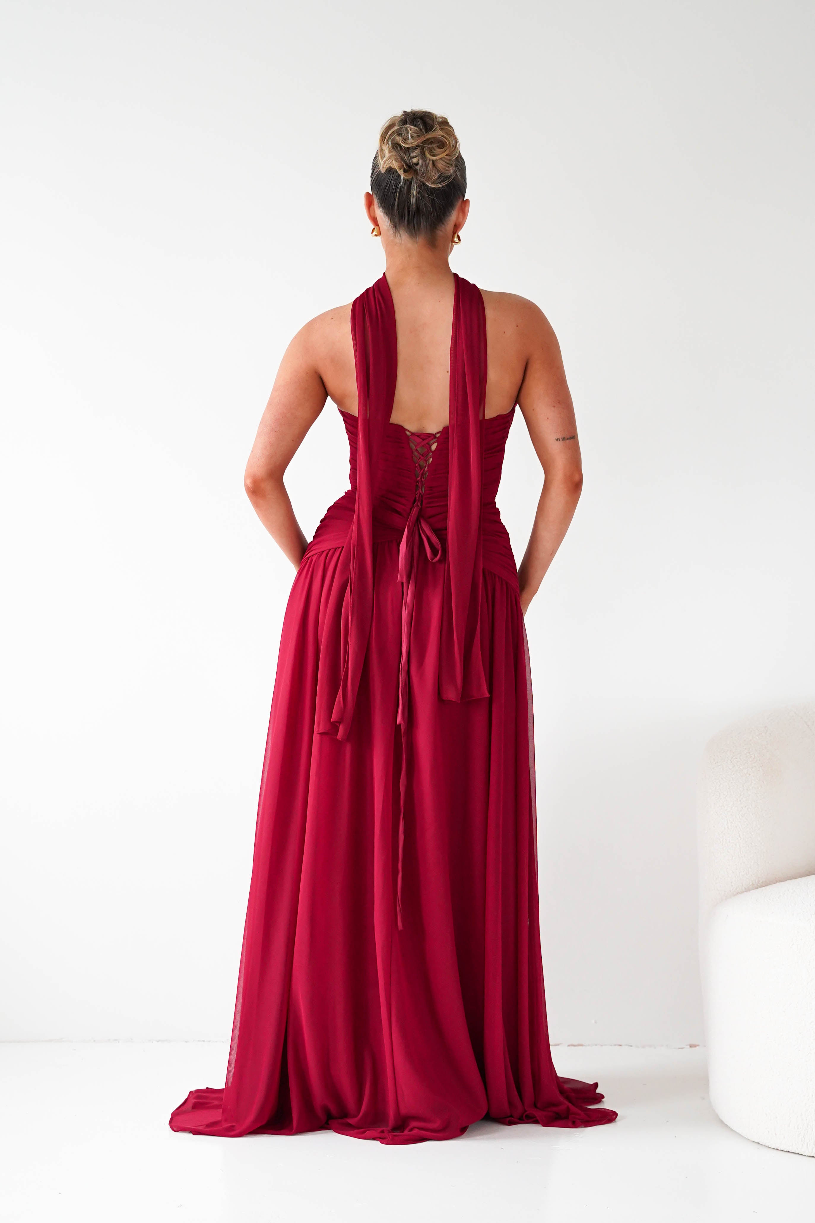 Nicolette Strapless Chiffon Maxi Gown | Dark Red