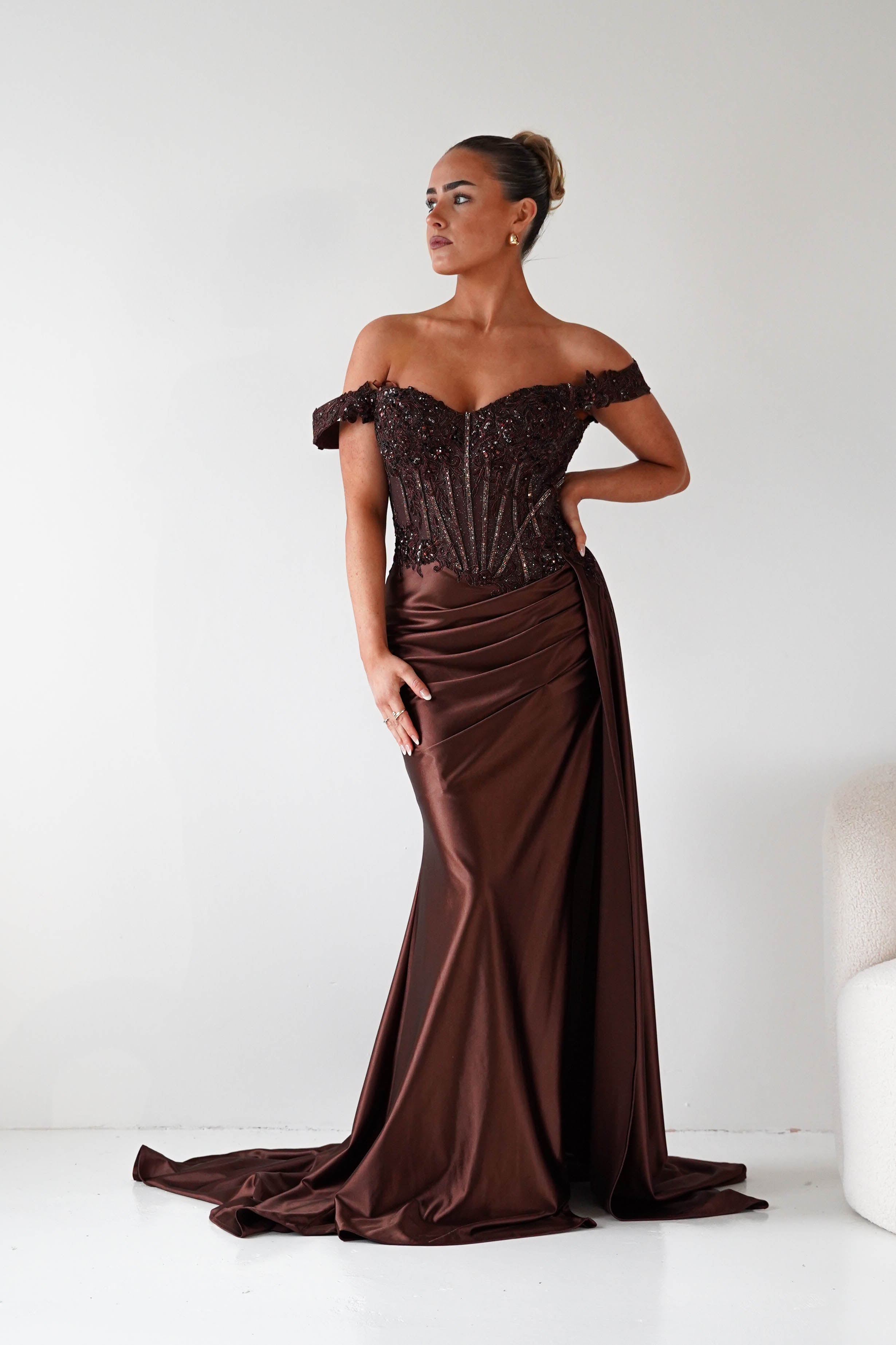 Marsela Lace Bodice Gown | Espresso Brown