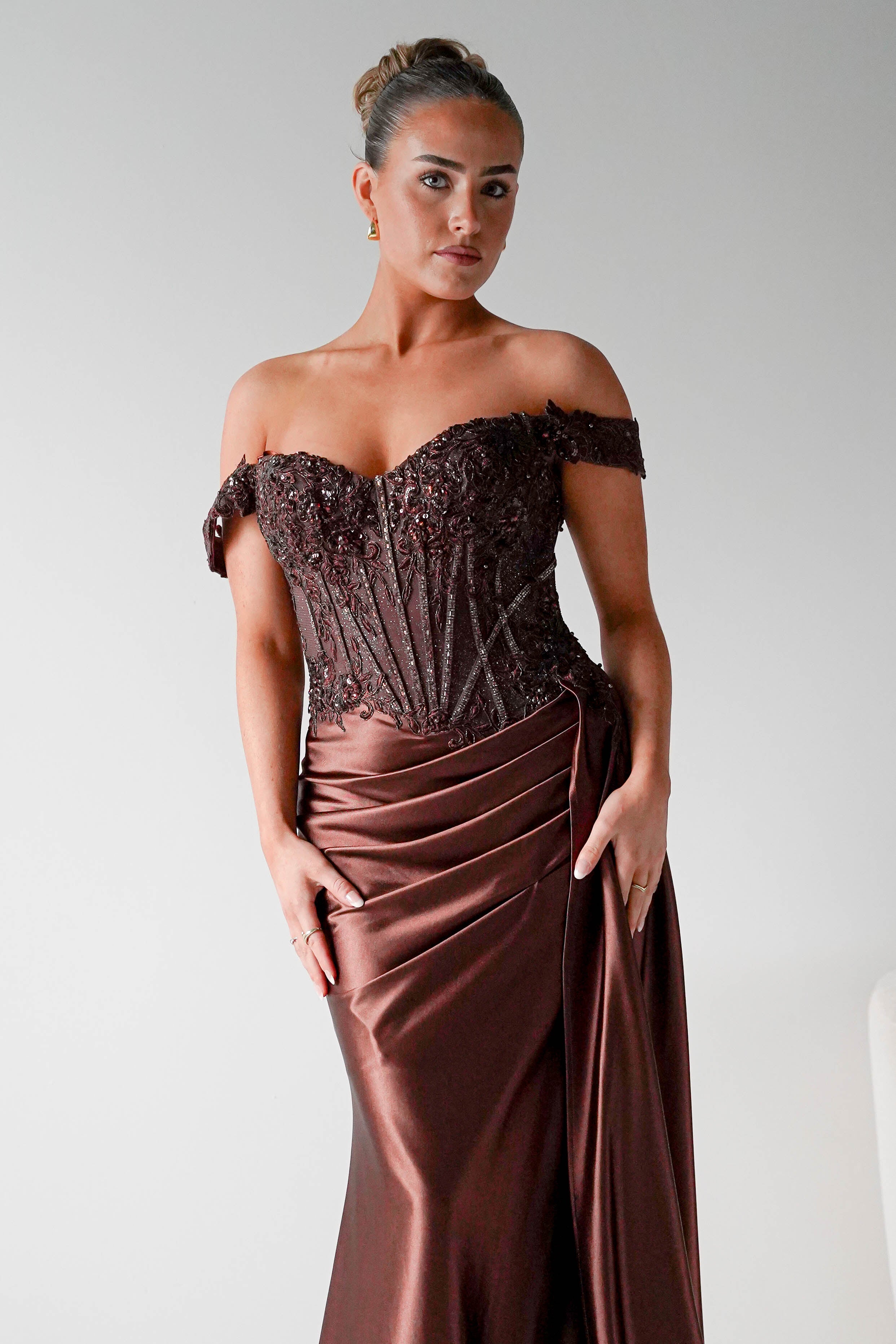 Marsela Lace Bodice Gown | Espresso Brown