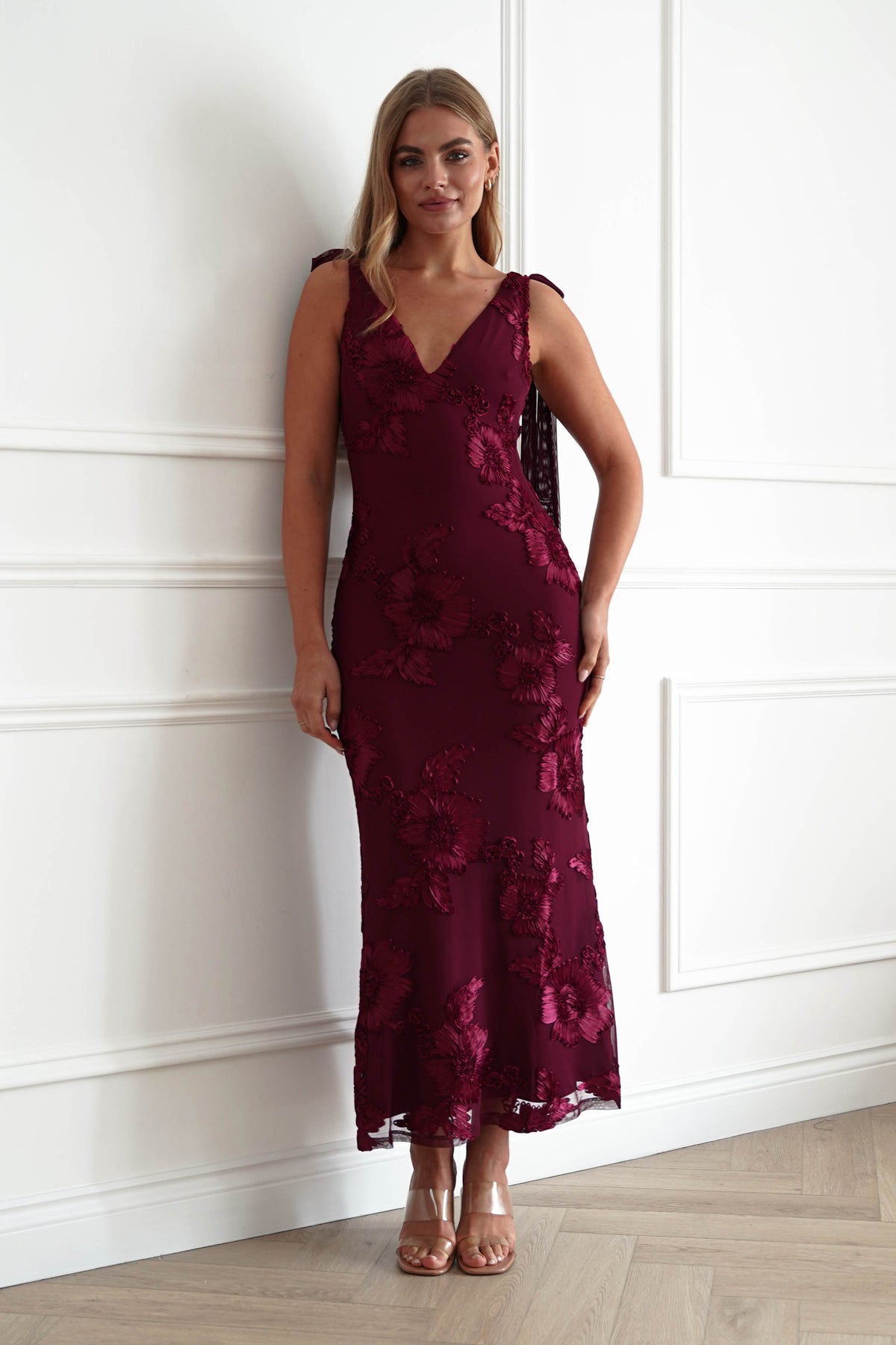 Cyra Floral Appliqué Maxi Dress | Wine
