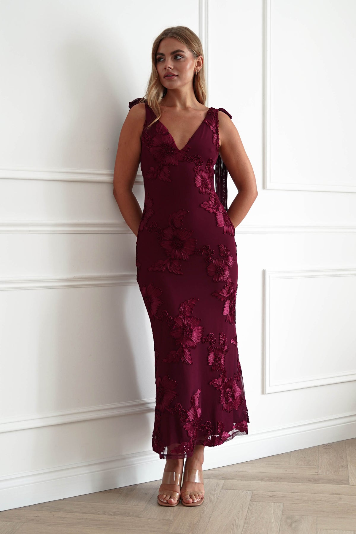 Cyra Floral Appliqué Maxi Dress | Wine