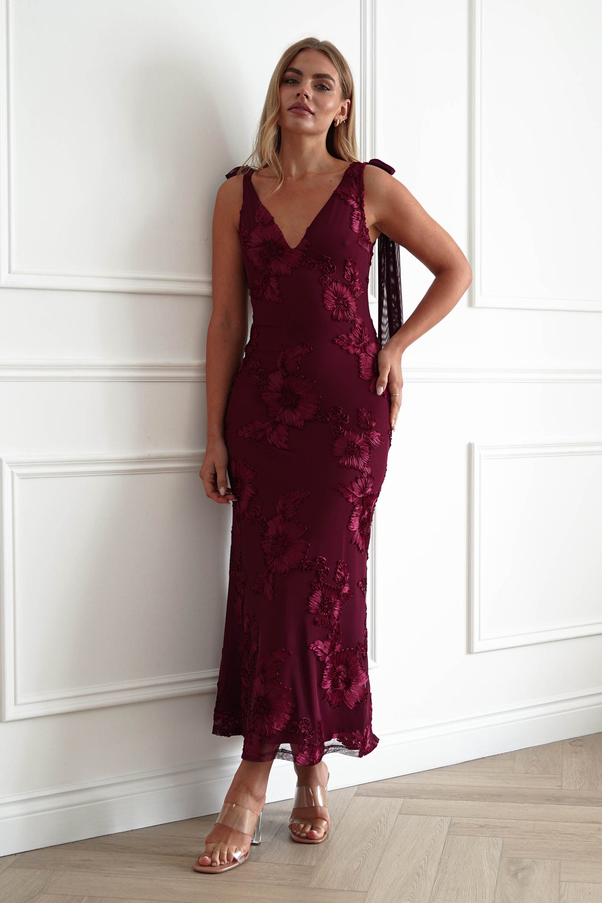 Cyra Floral Appliqué Maxi Dress | Wine