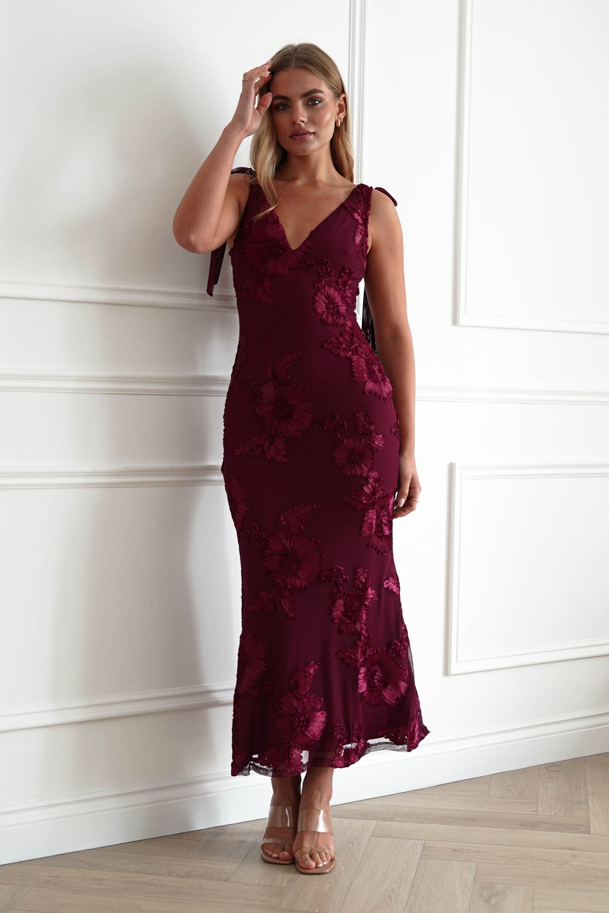 Cyra Floral Appliqué Maxi Dress | Wine