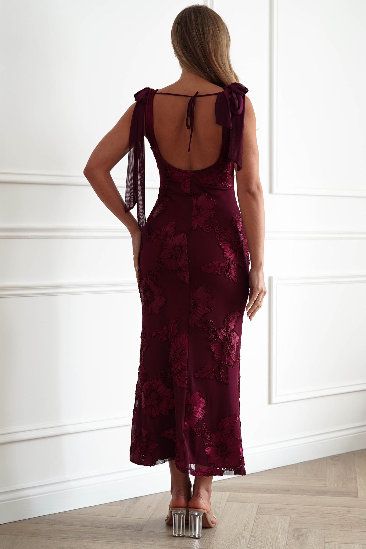 Cyra Floral Appliqué Maxi Dress | Wine