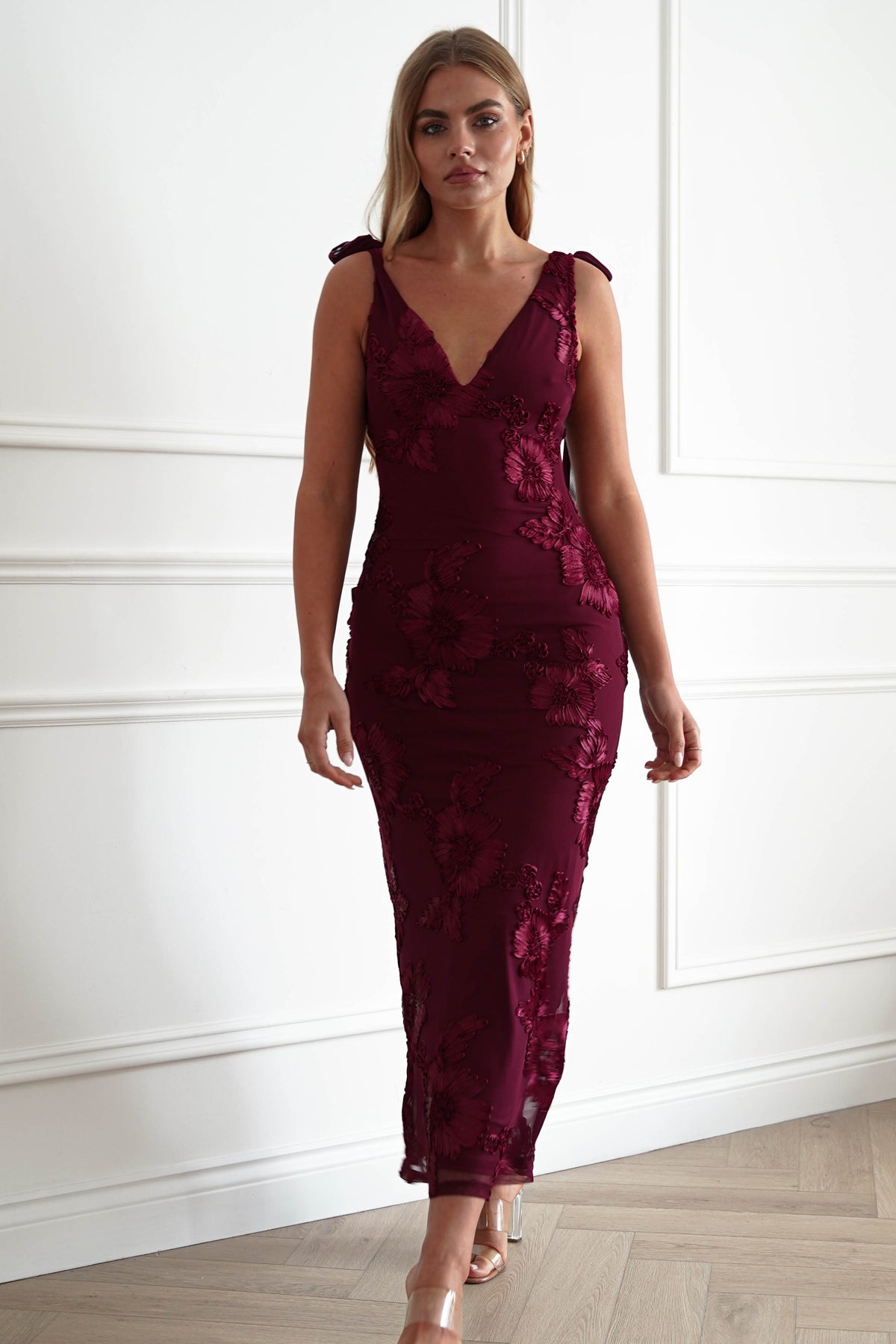 Cyra Floral Appliqué Maxi Dress | Wine