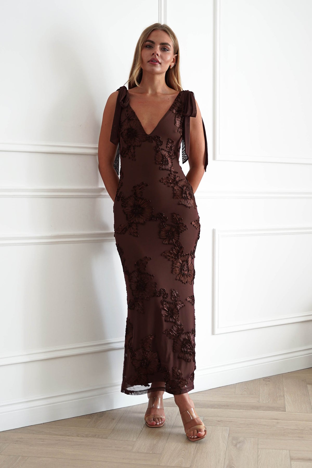 Cyra Floral Appliqué Maxi Dress | Brown
