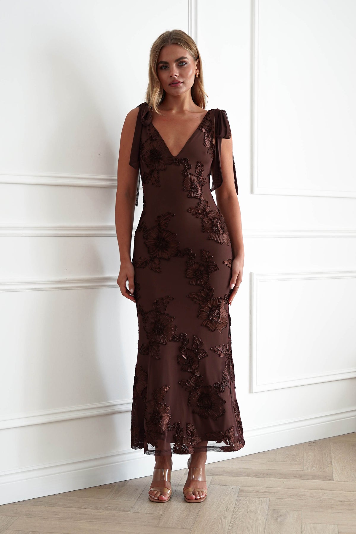 Cyra Floral Appliqué Maxi Dress | Brown