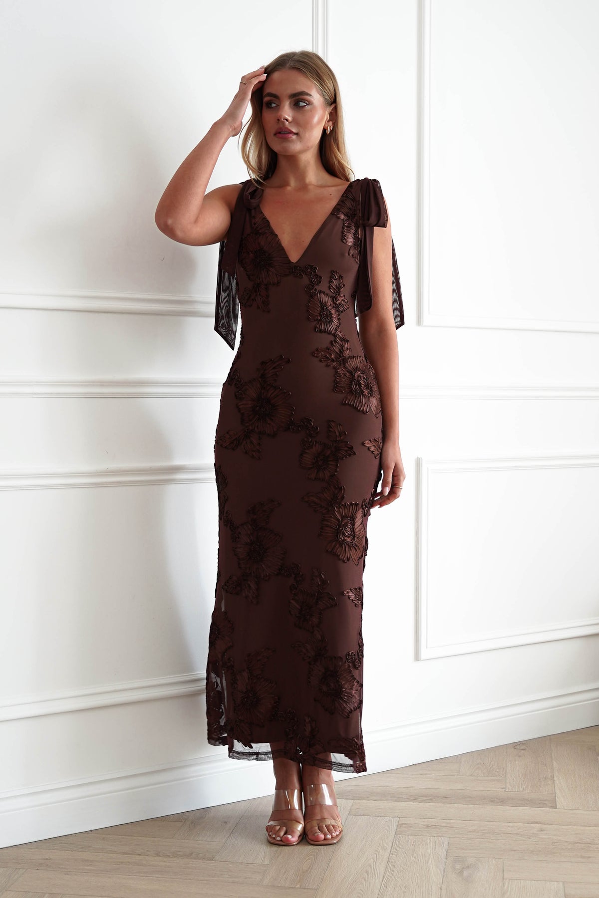 Cyra Floral Appliqué Maxi Dress | Brown