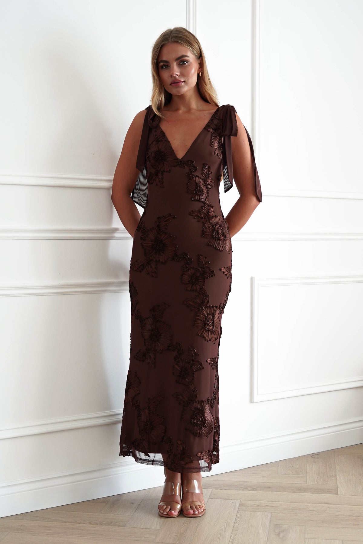 Cyra Floral Appliqué Maxi Dress | Brown