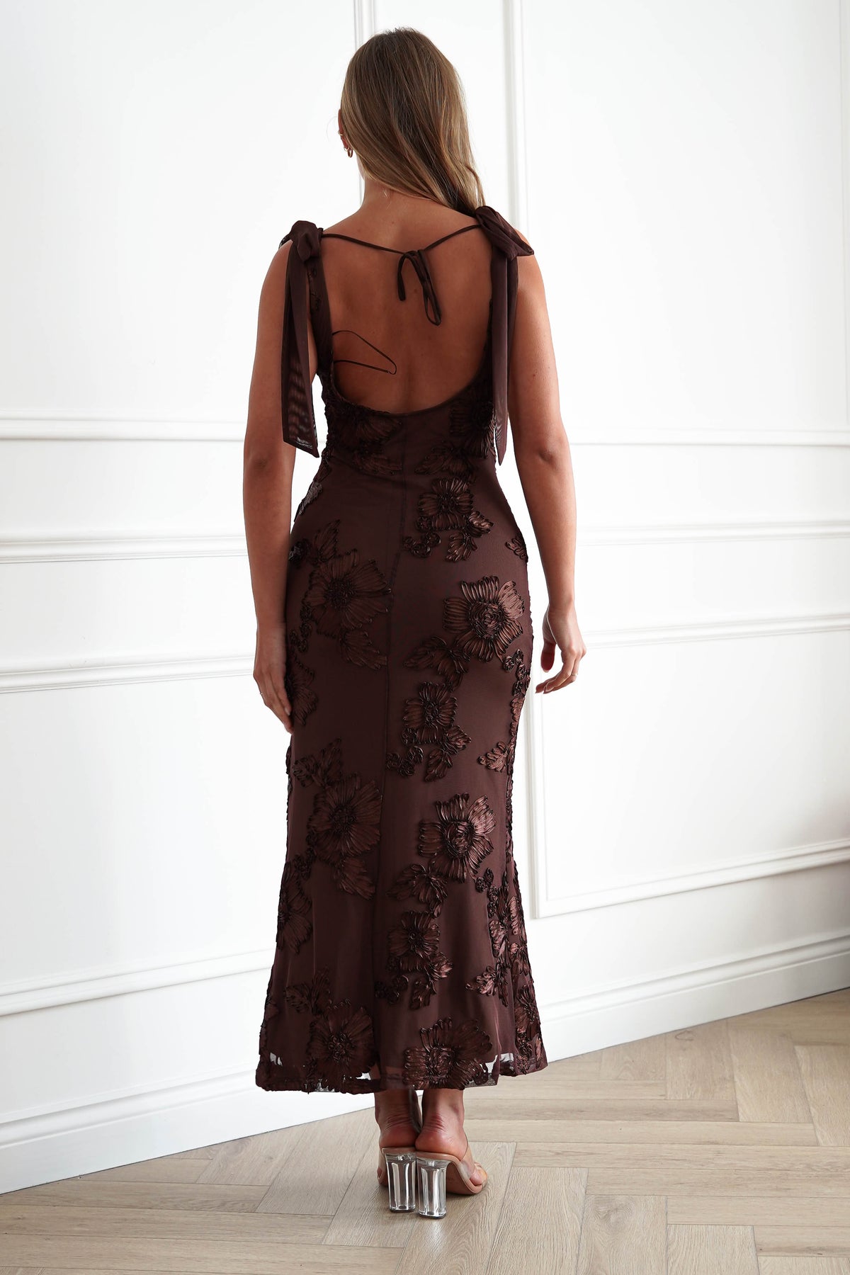 Cyra Floral Appliqué Maxi Dress | Brown