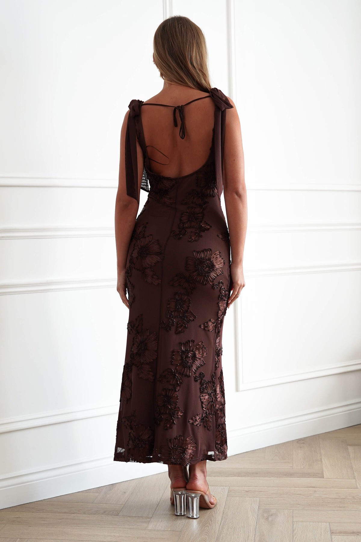 Cyra Floral Appliqué Maxi Dress | Brown
