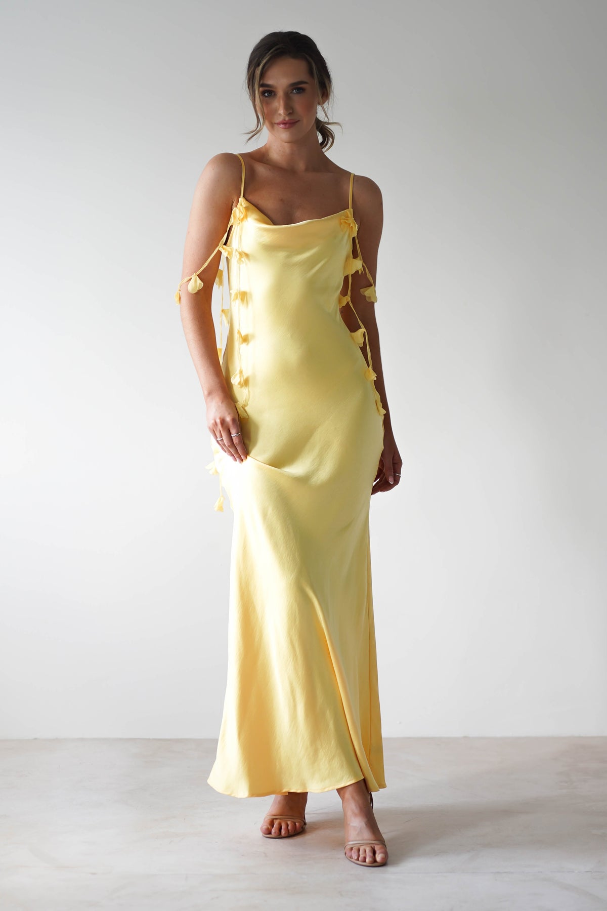 Daisy Cowl Neckline Satin Maxi Dress | Yellow-Oh Hello Clothing