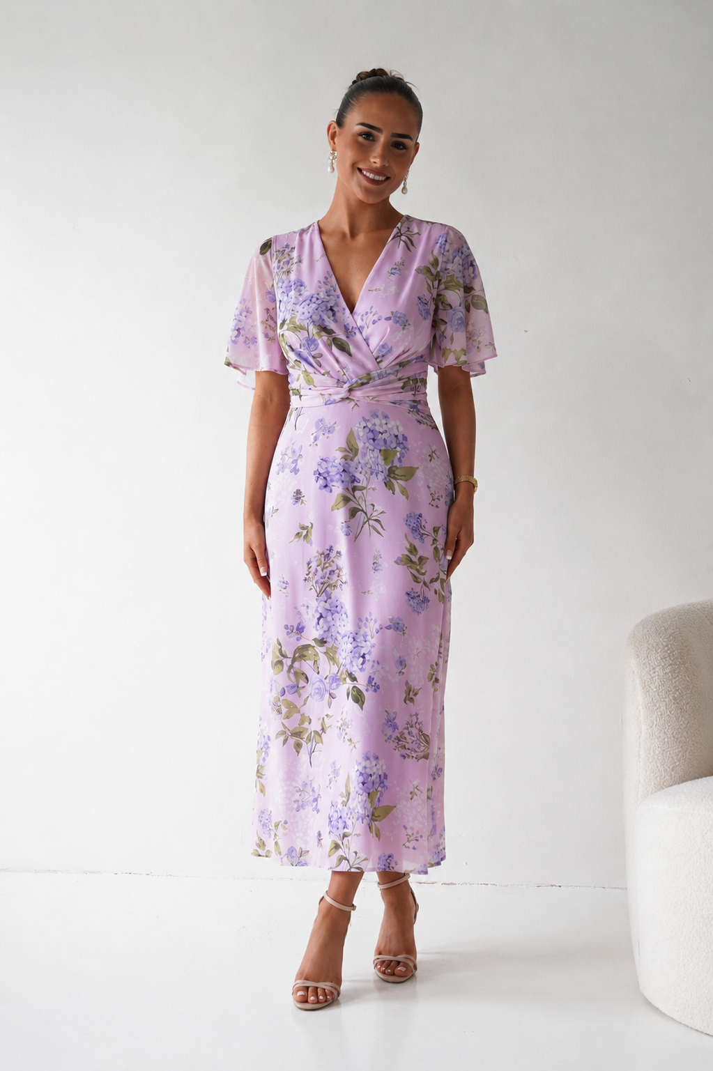 Daisy Floral Wrap Neck Twist Detail Midi Dress | Lilac-Oh Hello Clothing