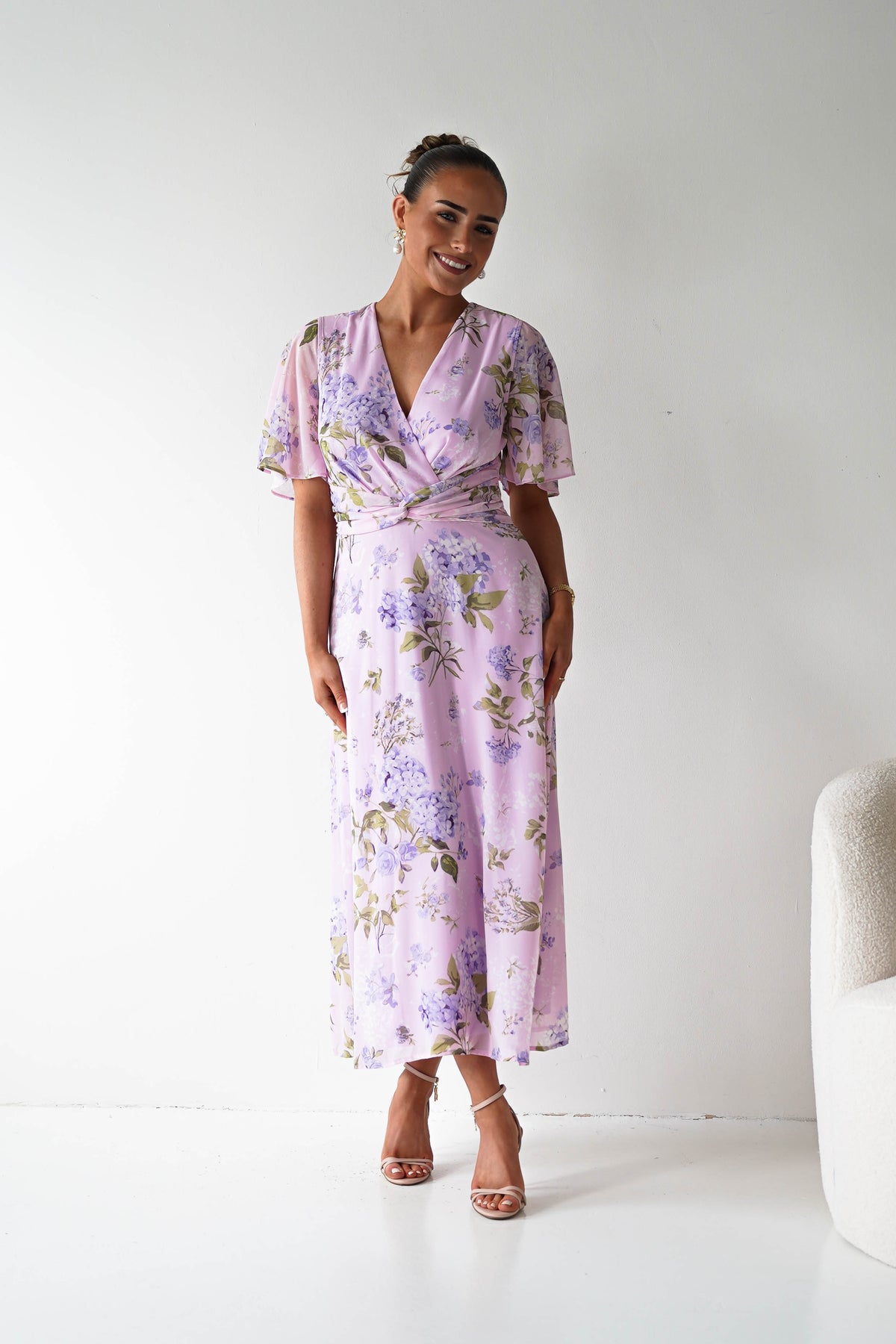 Daisy Floral Wrap Neck Twist Detail Midi Dress | Lilac-Oh Hello Clothing