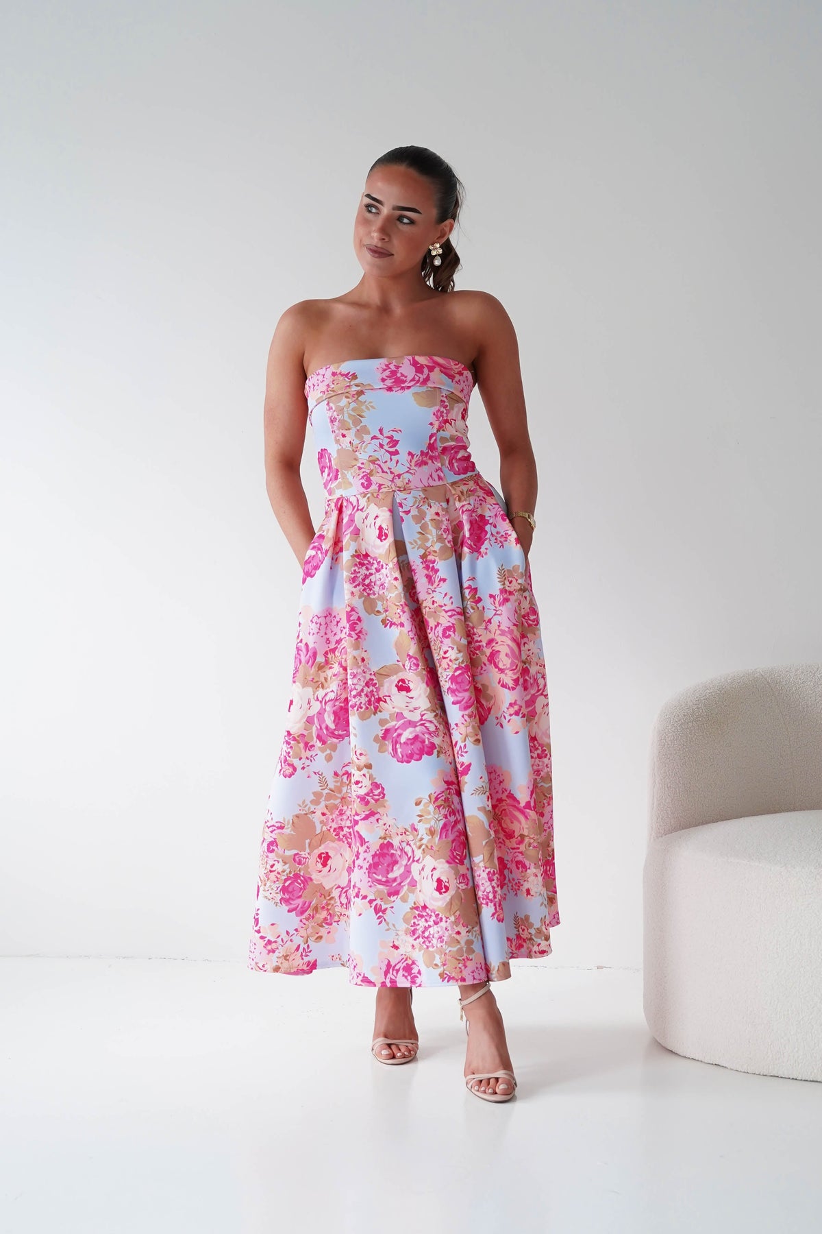 Danni Strapless Bandeau Midi Dress | Blue/Pink-Oh Hello Clothing