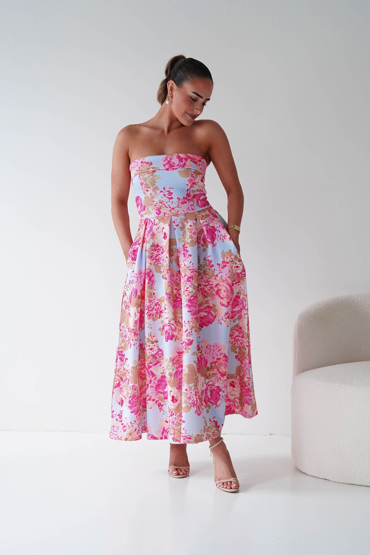 Danni Strapless Bandeau Midi Dress | Blue/Pink-Oh Hello Clothing