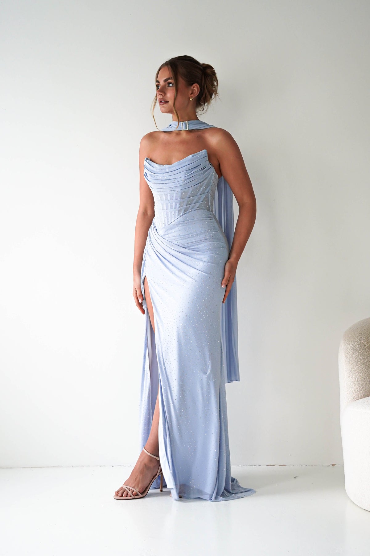 Diana Draped Strapless Rhinestone Gown | Blue-Oh Hello Clothing
