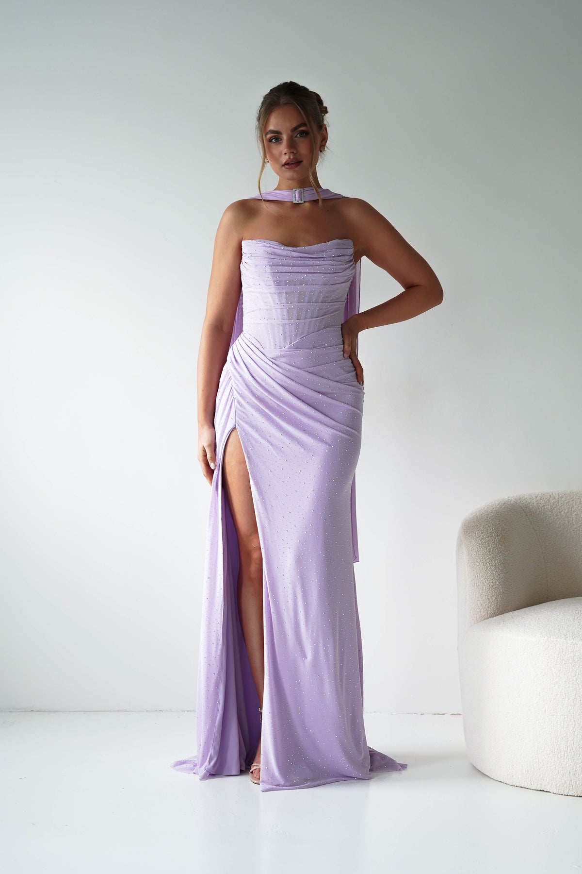 Diana Draped Strapless Rhinestone Gown | Lavender-Oh Hello Clothing