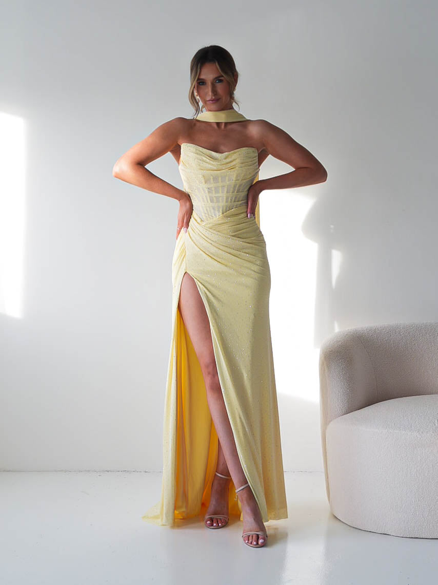 Diana Draped Strapless Rhinestone Gown | Yellow-Oh Hello Clothing