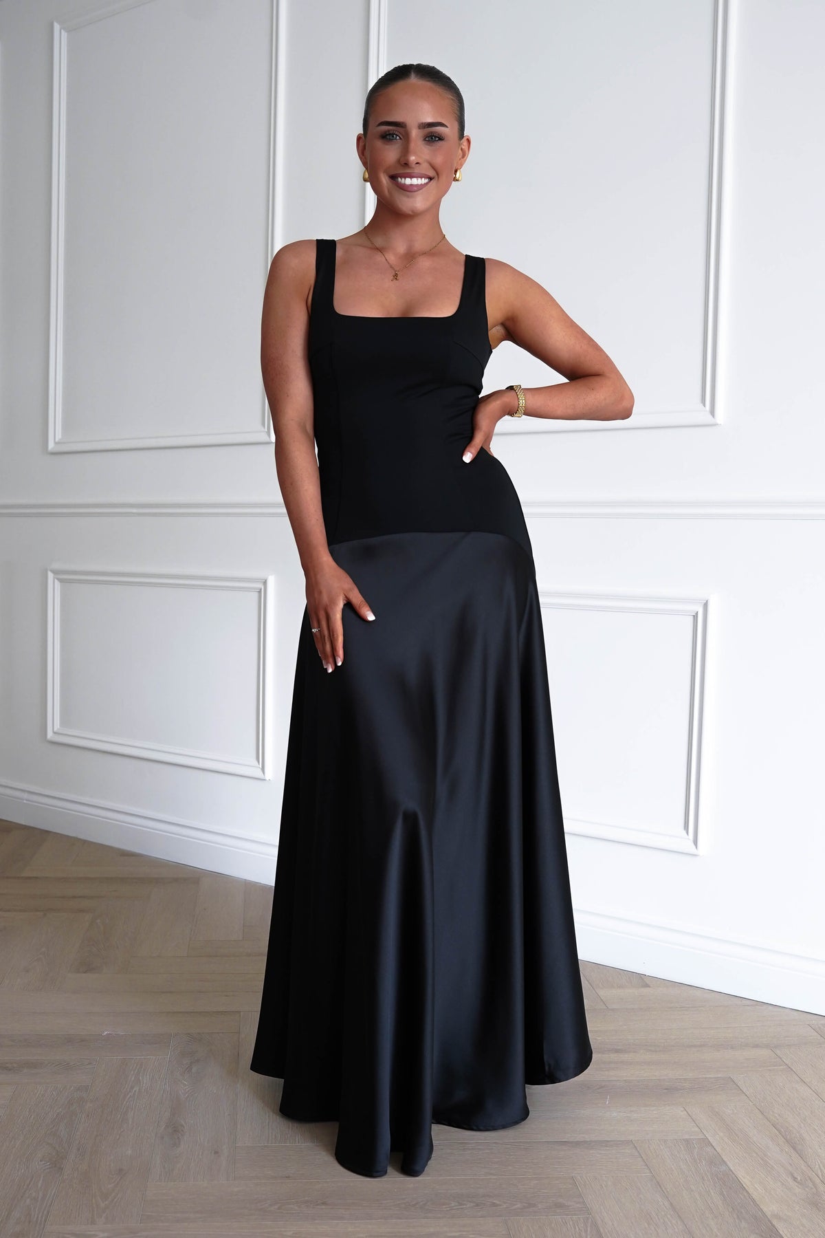 Elena Square Neck Soft Satin Maxi Dress | Black-Oh Hello Clothing