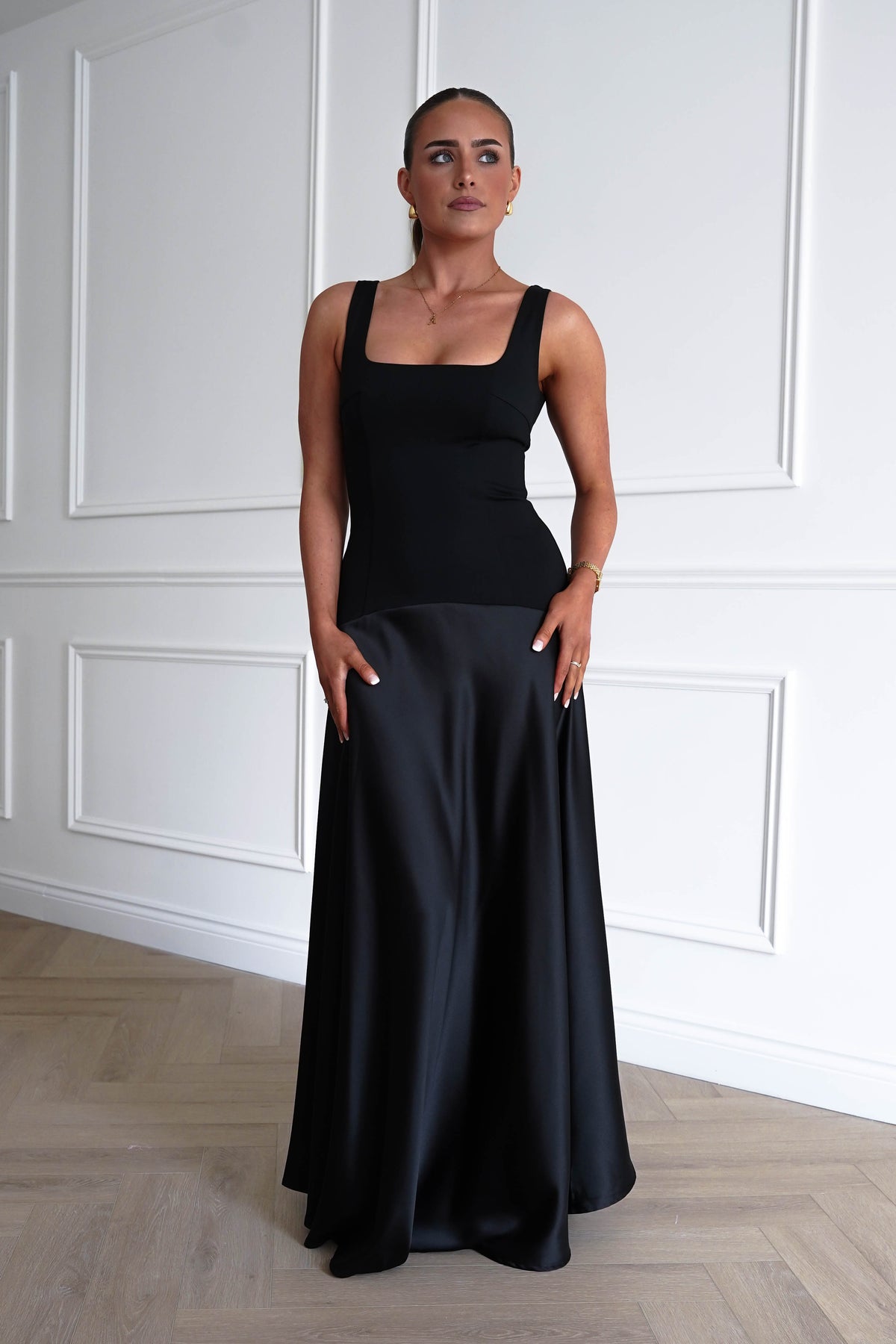 Elena Square Neck Soft Satin Maxi Dress | Black-Oh Hello Clothing