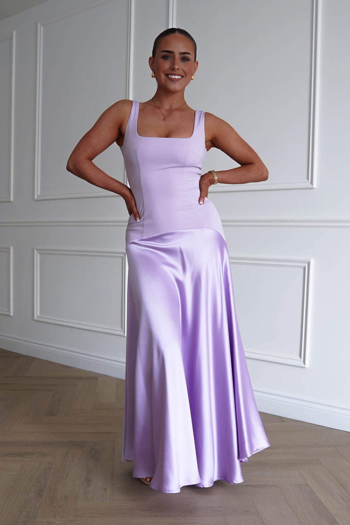 Elena Square Neck Soft Satin Maxi Dress | Lilac-Oh Hello Clothing