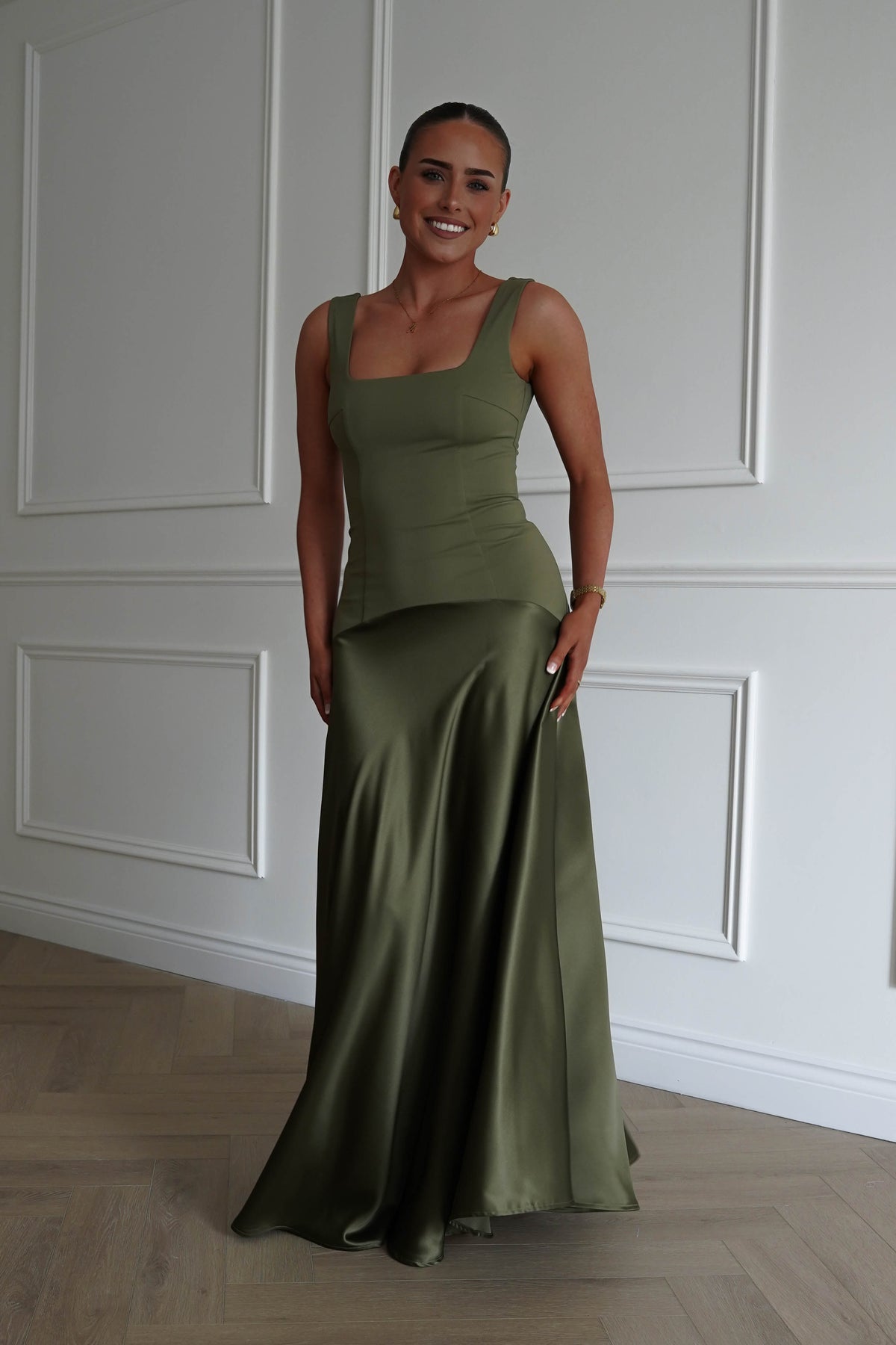 Elena Square Neck Soft Satin Maxi Dress | Olive-Oh Hello Clothing