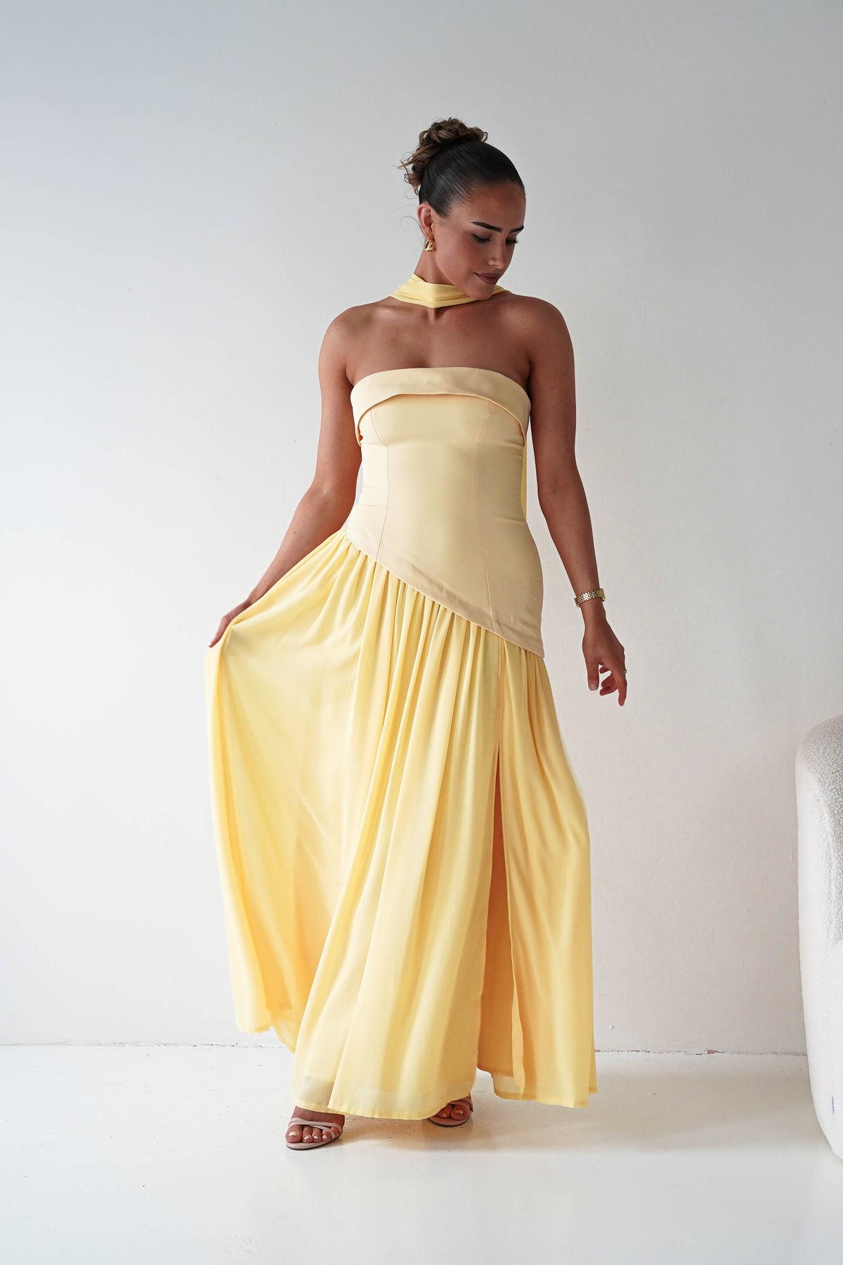 Elva Strapless Asymmetric Waist Maxi Dress | Yellow-Oh Hello Clothing